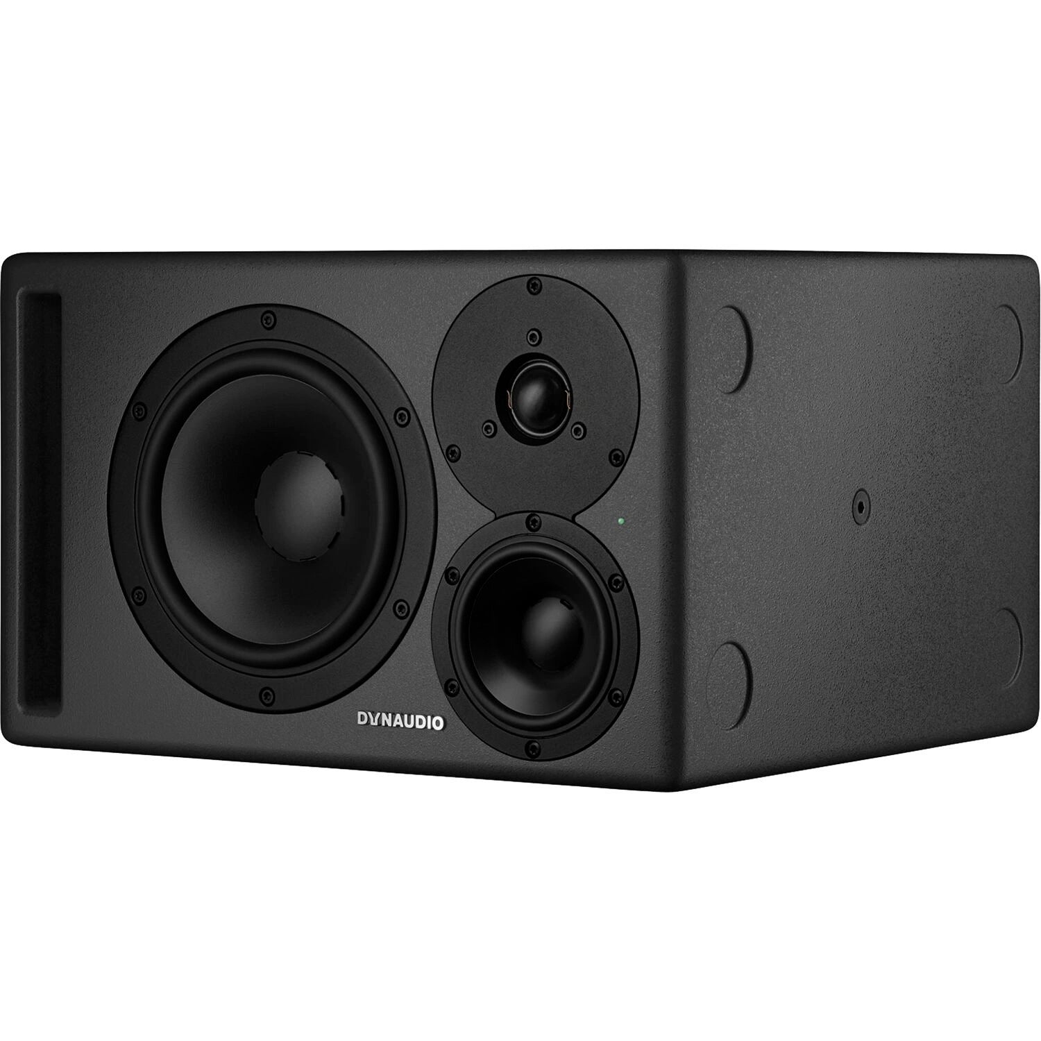 Dynaudio CORE 47 3-Way Powered Studio Monitor, angled front view horizontal. Showcases the professional studio monitor with its 7-inch woofer, 4-inch midrange, and 1-inch tweeter in a sleek, compact cabinet, designed for accurate nearfield and midfield audio monitoring.