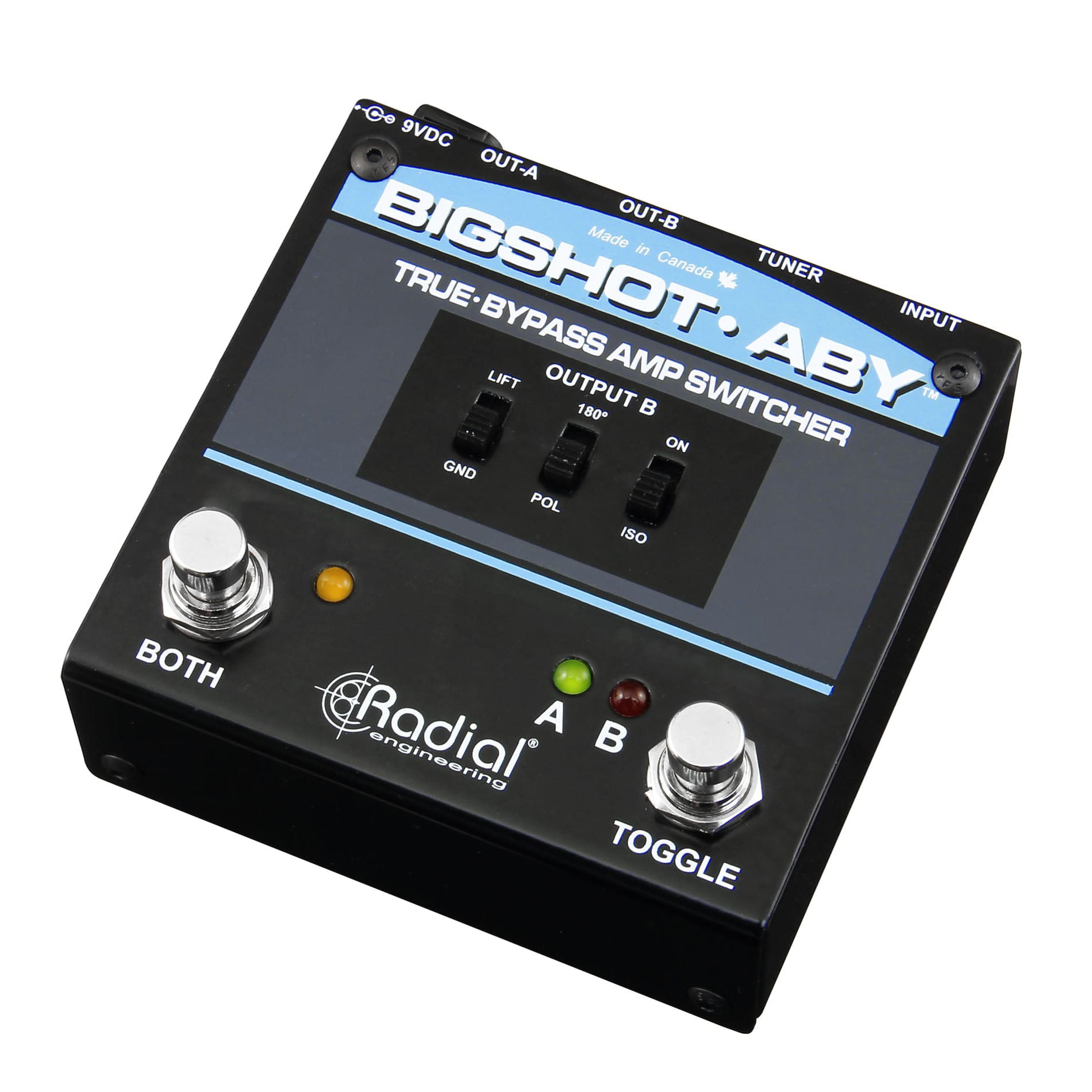 Radial BigShot ABY True Bypass Switch Pedal, angled top view. showing toggle switches, LED indicators, ground lift, polarity and iso switches.