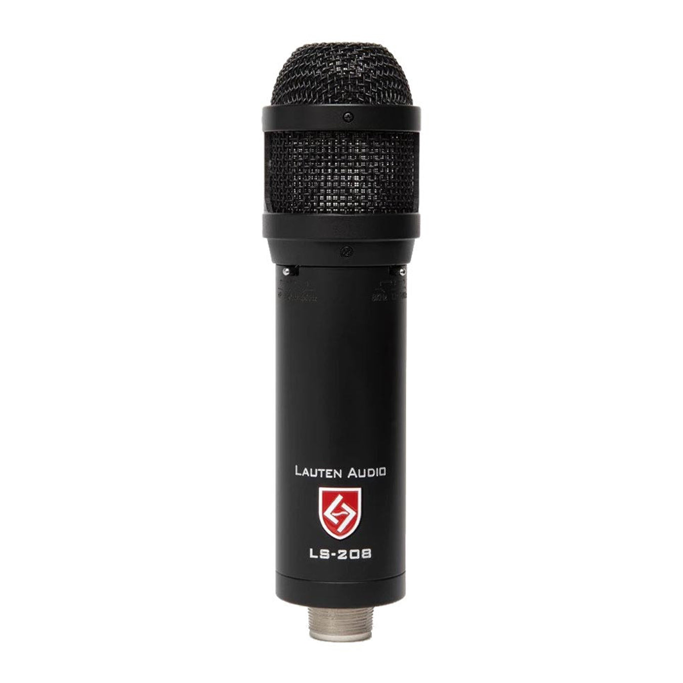 Lauten Audio LS-208 Front-Address Large-Diaphragm Condenser Microphone front view showing the lauten logo and its switches for high-pass filter and pad.