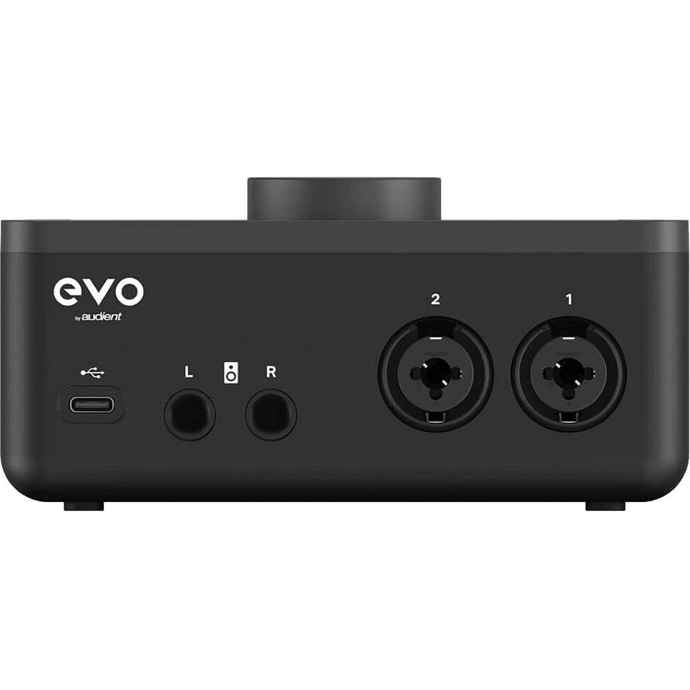 Audient EVO 4 USB-C Audio Interface, back view showing its two combo XLR/jack inputs, two ouputs and USB C connection.