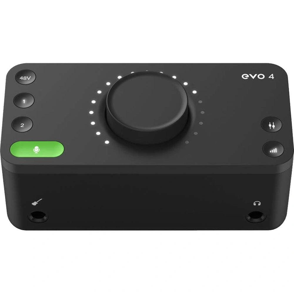 Audient EVO 4 USB-C Audio Interface, top front view. A compact 2-in/2-out USB-C audio interface featuring two "Smartgain" preamps, a JFET instrument input, and a simple one-knob control, designed for creators and musicians.