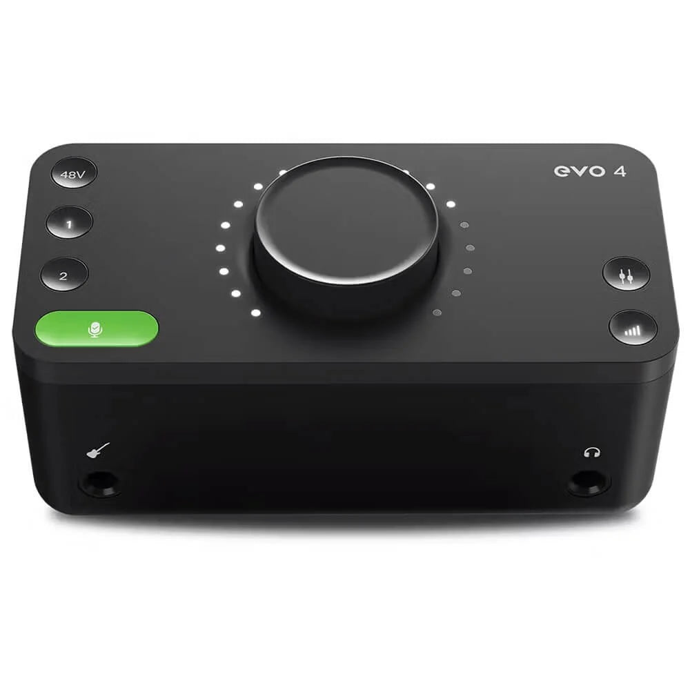 Audient EVO 4 USB-C Audio Interface, top front view. A compact 2-in/2-out USB-C audio interface featuring two "Smartgain" preamps, a JFET instrument input, and a simple one-knob control, designed for creators and musicians.
