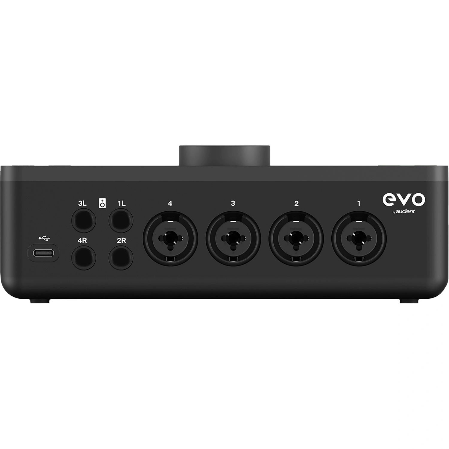 Audient EVO 8 USB-C Audio Interface, back view showing 4 combo XLR/Jack inputs, 4 speaker outputs and USB C connection.