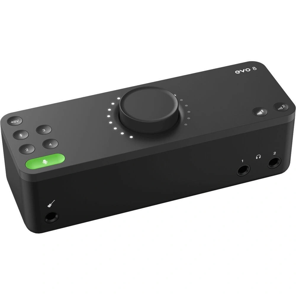 Audient EVO 8 USB-C Audio Interface, angled top view. Displays the minimalist desktop design with a large main encoder, and dedicated function buttons for its four smart preamps, guitar input and two headphone outputs.