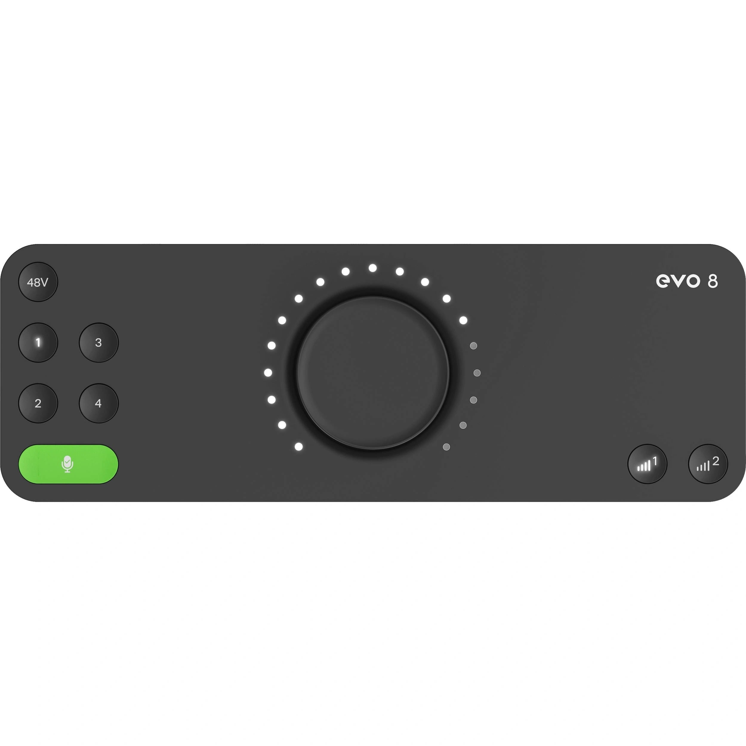 Audient EVO 8 USB-C Audio Interface, top view. Displays the minimalist desktop design with a large main encoder, and dedicated function buttons for its four smart preamps.