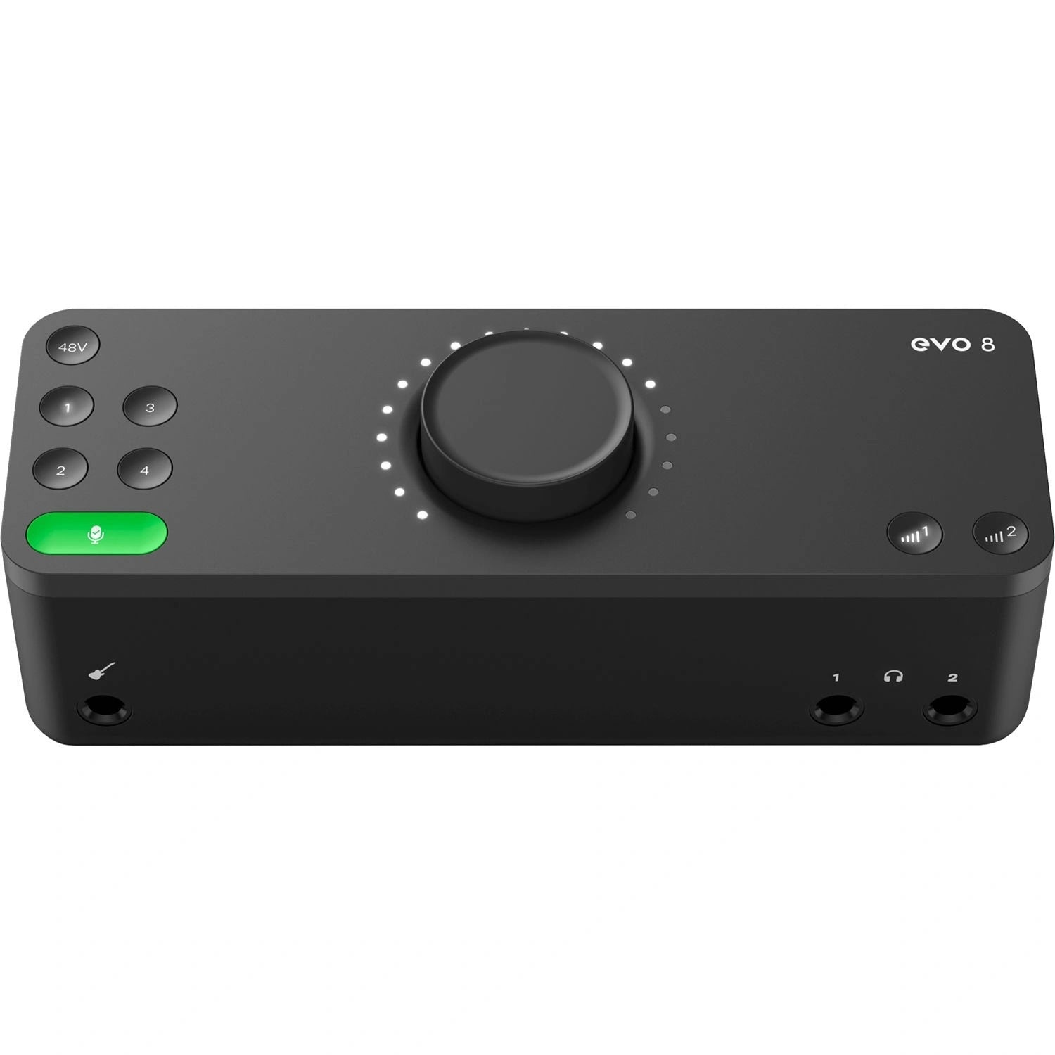 Audient EVO 8 USB-C Audio Interface, angled top view. Displays the minimalist desktop design with a large main encoder, and dedicated function buttons for its four smart preamps, guitar input and two headphone outputs.