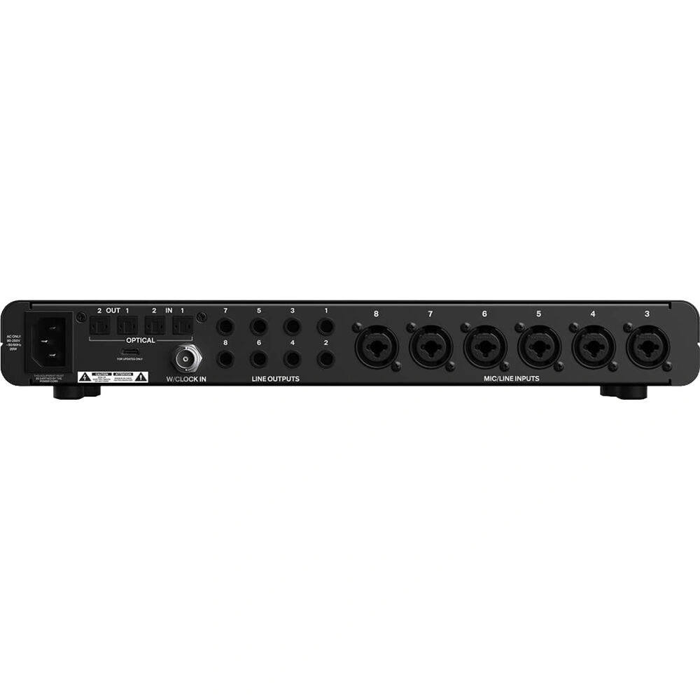 Audient EVO SP8 8-Channel Smart Preamp With AD/DA, back view. Displays the full range of connectivity, including six combo XLR/jack inputs, eight line outputs, ADAT optical I/O, Word Clock, and a USB-C port for seamless digital and analog studio integration.