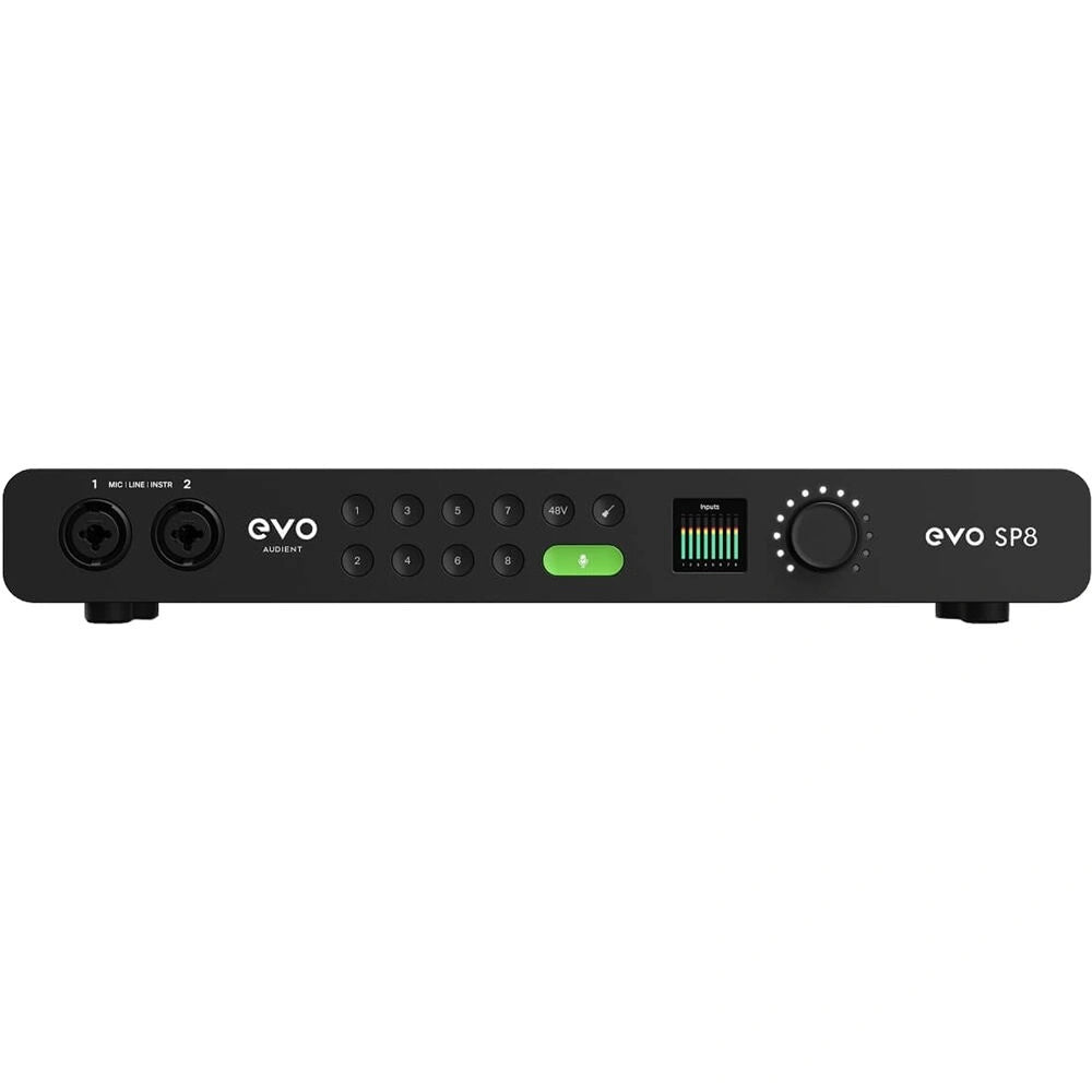Audient EVO SP8 8-Channel Smart Preamp With AD/DA, front view. Displays the clean, modern interface with a large central display, a main rotary encoder, and two combo XLR/jack inputs, highlighting the streamlined controls for its eight smart preamps.