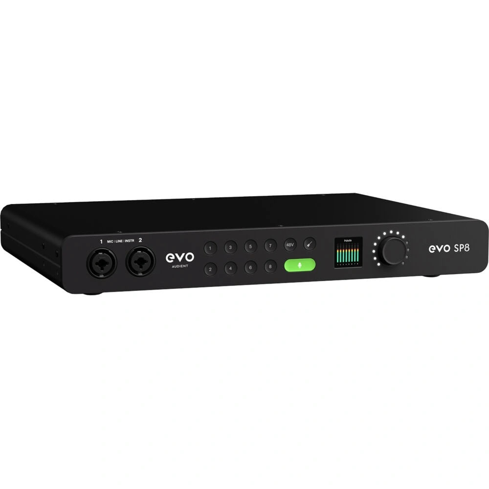 Audient EVO SP8 8-Channel Smart Preamp With AD/DA, angled front view. Displays the clean, modern interface with a large central display, a main rotary encoder, and two combo XLR/jack inputs, highlighting the streamlined controls for its eight smart preamps.