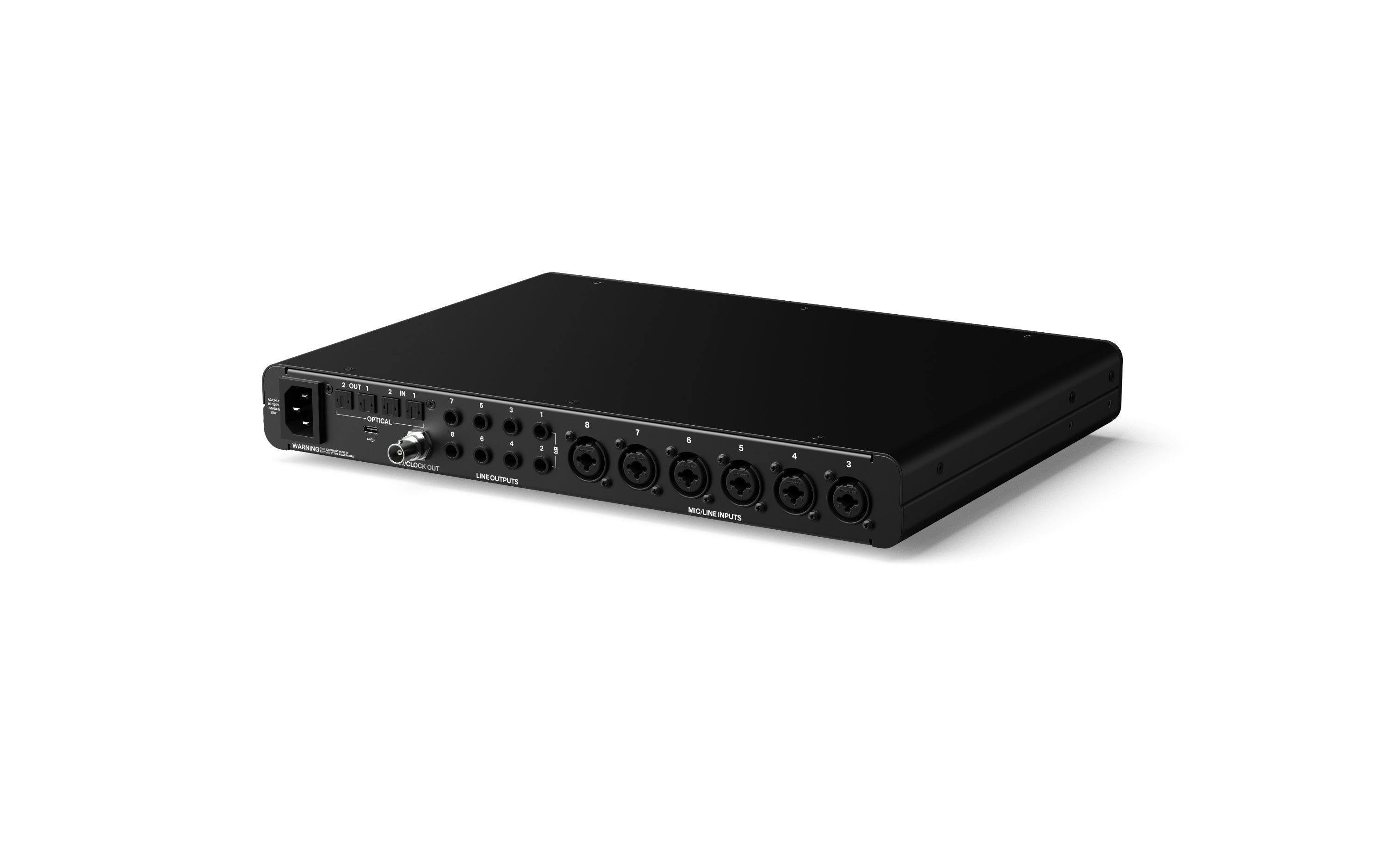 Audient EVO 16 24-In 28-Out USB-C Audio Interface, angled back view. Displays a range of connectivity, including six combo XLR/jack inputs, eight balanced 1/4" outputs, ADAT I/O, world clock, and a USB-C port for comprehensive studio integration.