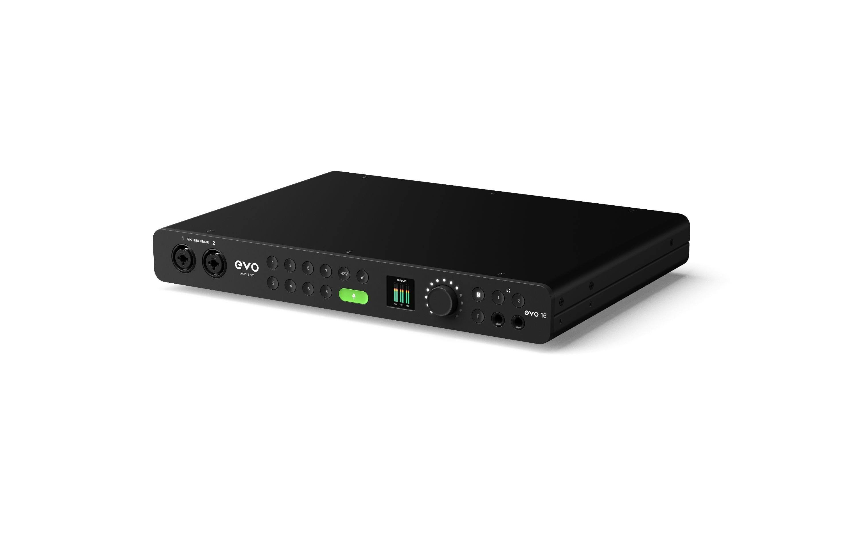 Audient EVO 16 24-In 28-Out USB-C Audio Interface, angled front view. Displays the clean, modern interface with a large central display, a main rotary encoder, two XLR/jack combo inputs, and two headphone outputs, highlighting the streamlined controls for its eight smart preamps.