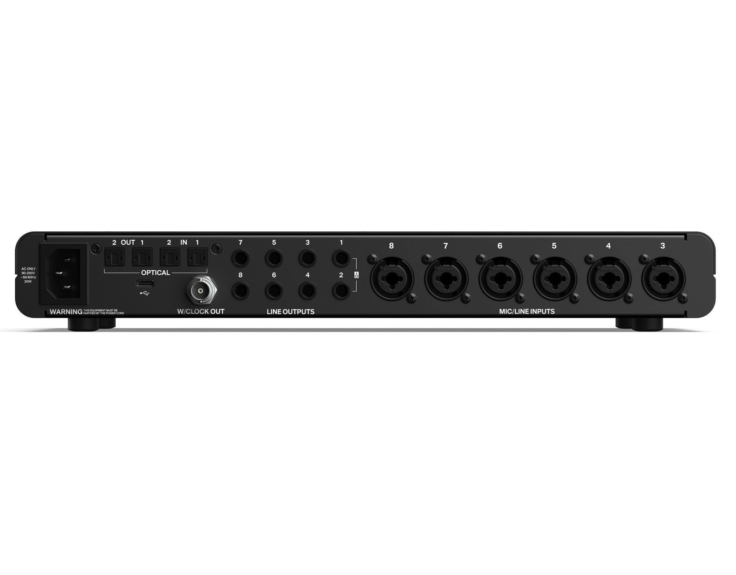 Audient EVO 16 24-In 28-Out USB-C Audio Interface, back view. Displays a range of connectivity, including six combo XLR/jack inputs, eight balanced 1/4" outputs, ADAT I/O, world clock, and a USB-C port for comprehensive studio integration.