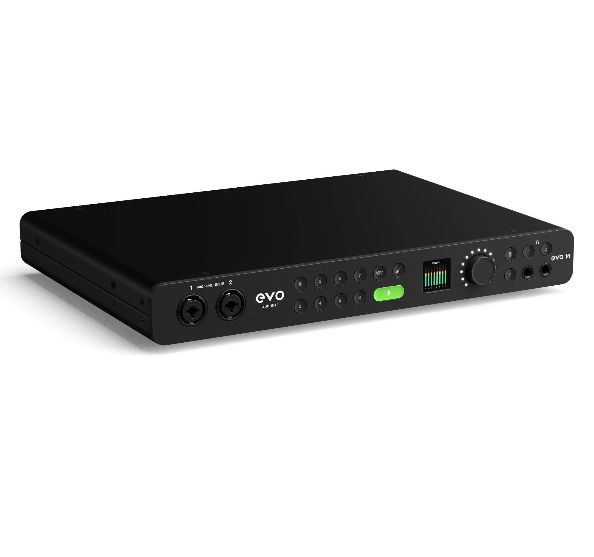 Audient EVO 16 24-In 28-Out USB-C Audio Interface, angled front view. Displays the clean, modern interface with a large central display, a main rotary encoder, two XLR/jack combo inputs, and two headphone outputs, highlighting the streamlined controls for its eight smart preamps.