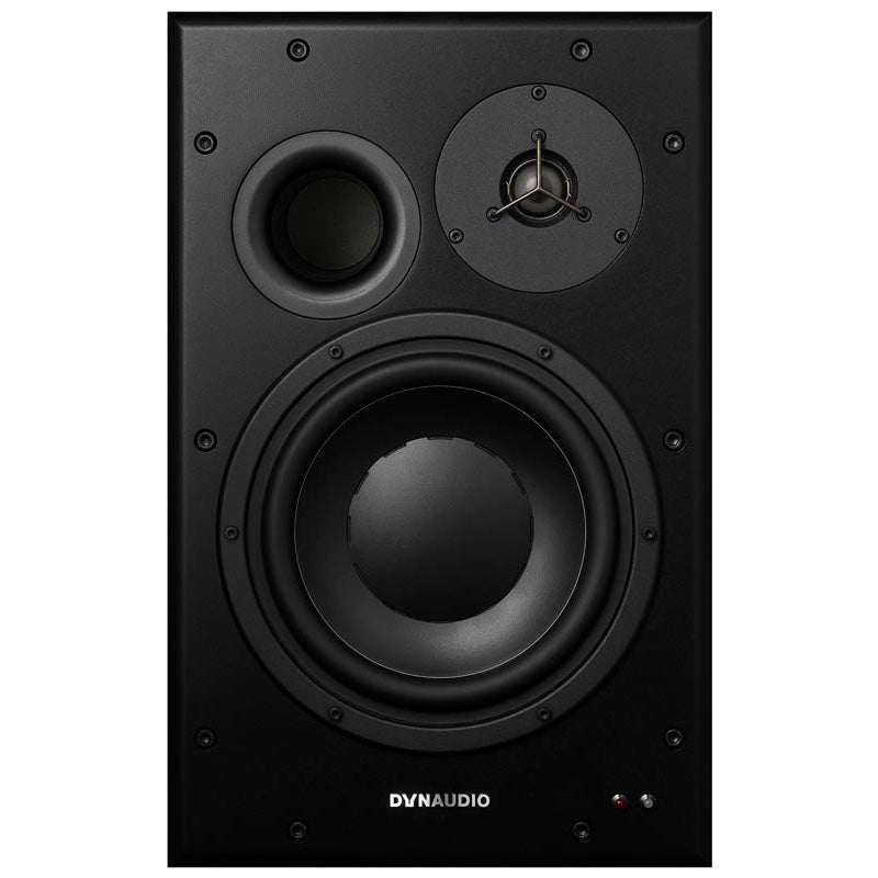 Dynaudio BM15A Active Studio Monitors, front view. A powerful two-way active studio monitor featuring a 10-inch woofer, 1.1-inch soft-dome tweeter, and a front ported bass reflex design, made for high-performance nearfield and midfield monitoring applications.