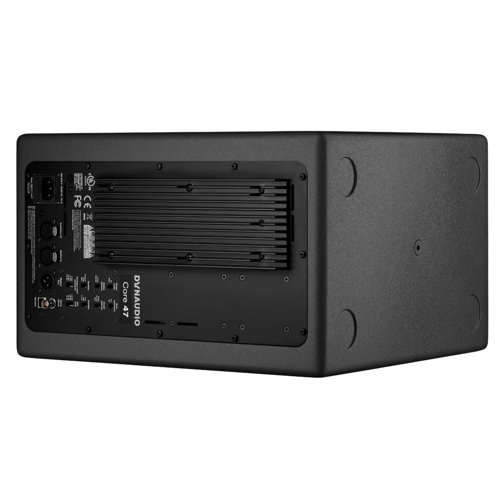 Dynaudio CORE 47 3-Way Powered Studio Monitor, back view. Displays the comprehensive DSP control panel, including boundary and balance filters, along with balanced analog (XLR), AES digital I/O, and Word Clock connections for seamless professional studio integration.