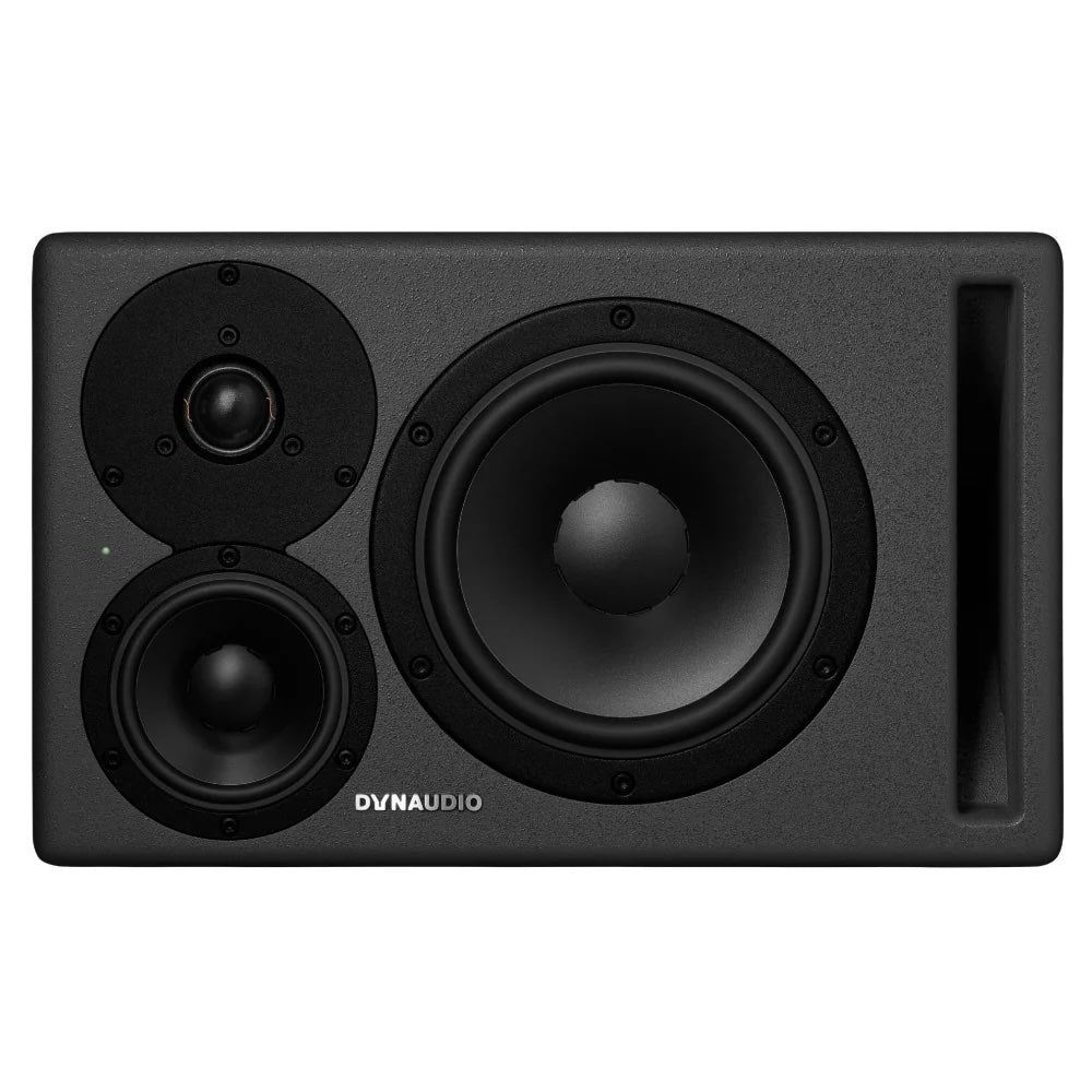 Dynaudio CORE 47 3-Way Powered Studio Monitor, horizontal front view. Showcases the professional studio monitor with its 7-inch woofer, 4-inch midrange, and 1-inch tweeter in a sleek, compact cabinet, designed for accurate nearfield and midfield audio monitoring.