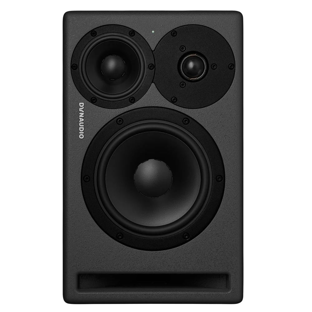 Dynaudio CORE 47 3-Way Powered Studio Monitor, front view vertical. Showcases the professional studio monitor with its 7-inch woofer, 4-inch midrange, and 1-inch tweeter in a sleek, compact cabinet, designed for accurate nearfield and midfield audio monitoring.