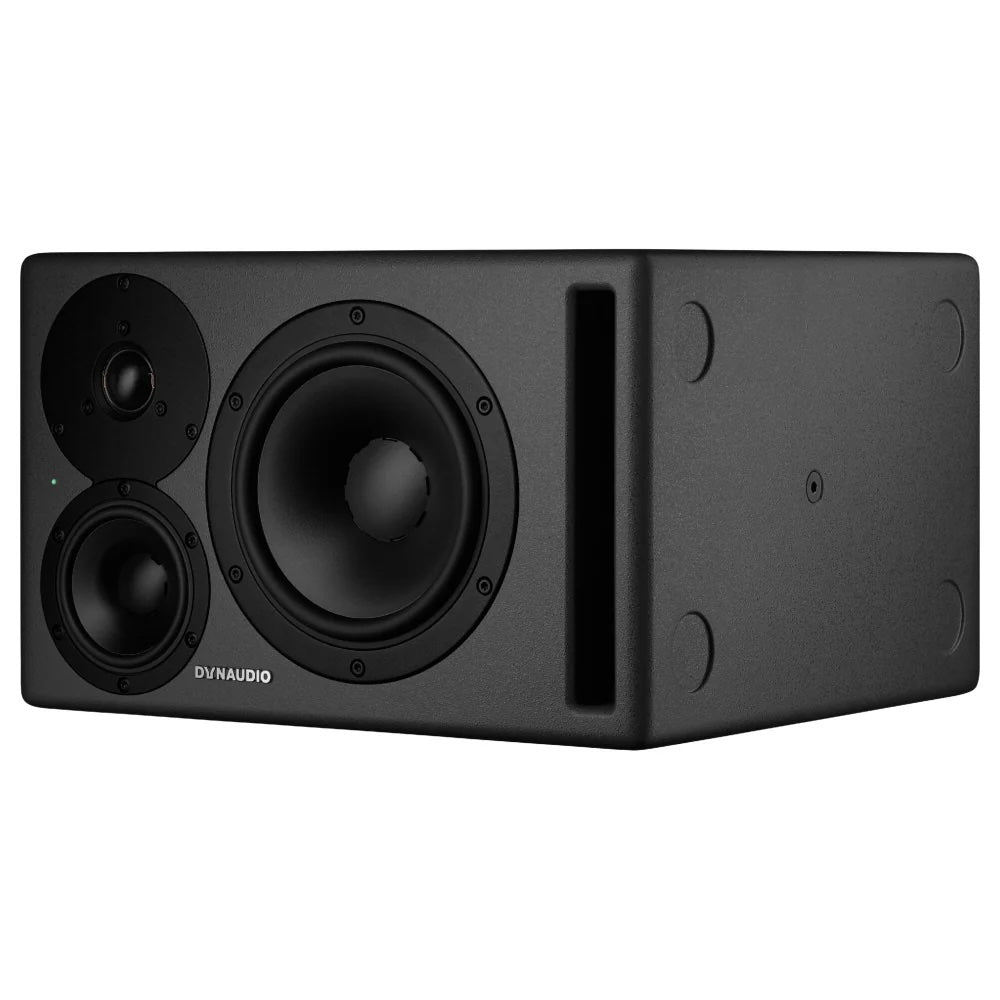 Dynaudio CORE 47 3-Way Powered Studio Monitor, horizontal angled front view. Showcases the professional studio monitor with its 7-inch woofer, 4-inch midrange, and 1-inch tweeter in a sleek, compact cabinet, designed for accurate nearfield and midfield audio monitoring.