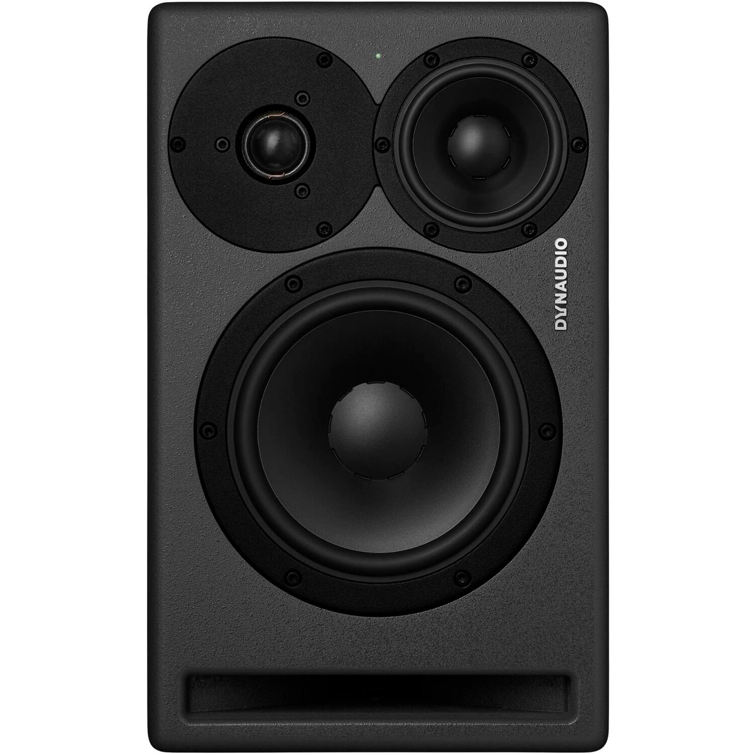 Dynaudio CORE 47 3-Way Powered Studio Monitor, front view vertical. Showcases the professional studio monitor with its 7-inch woofer, 4-inch midrange, and 1-inch tweeter in a sleek, compact cabinet, designed for accurate nearfield and midfield audio monitoring.