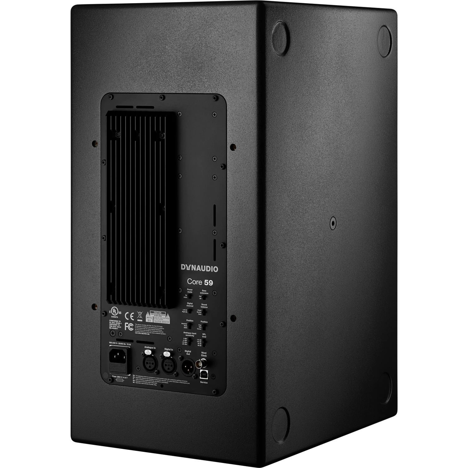 Dynaudio CORE 59 3-Way Powered Studio Monitor, back view. Highlights the extensive DSP controls along with balanced analog (XLR), digital I/O, and Word Clock connections for professional studio integration.