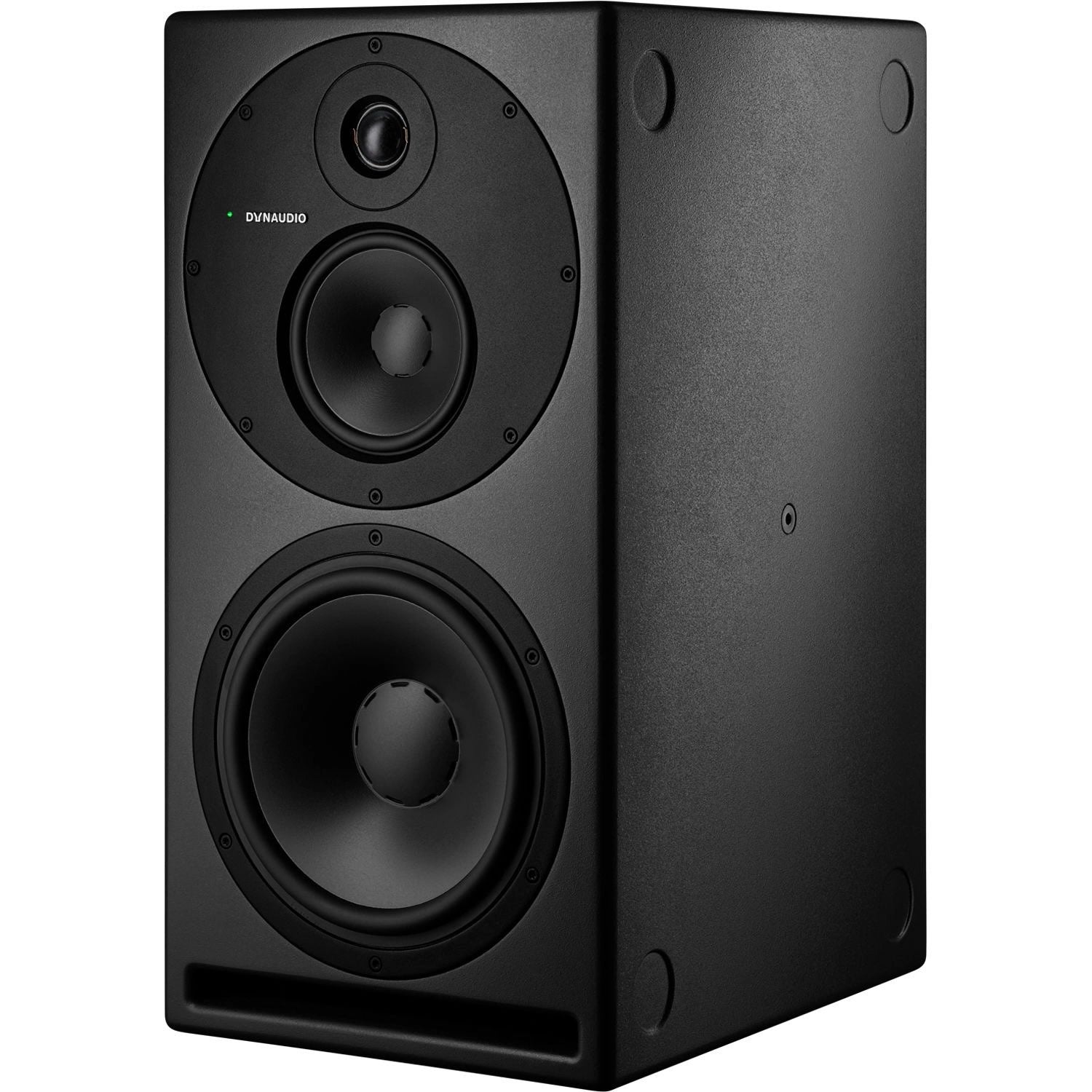 Dynaudio CORE 59 3-Way Powered Studio Monitor, angled front view. Shows the high-quality three-driver system, including the 9.5-inch woofer, 5-inch midrange, and 1-inch tweeter, in a professional cabinet designed for accurate and detailed studio monitoring.