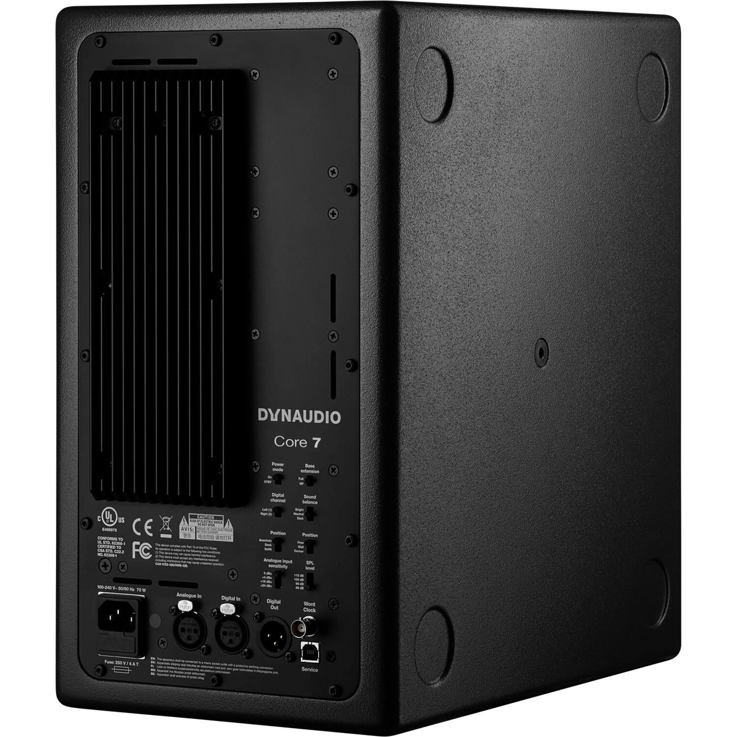 Dynaudio CORE 7 2-Way Active Studio Monitor, back view. Displays the comprehensive DSP control panel for sound balance and boundary filters, alongside balanced analog (XLR), AES digital I/O, and power connections for seamless professional studio integration.
