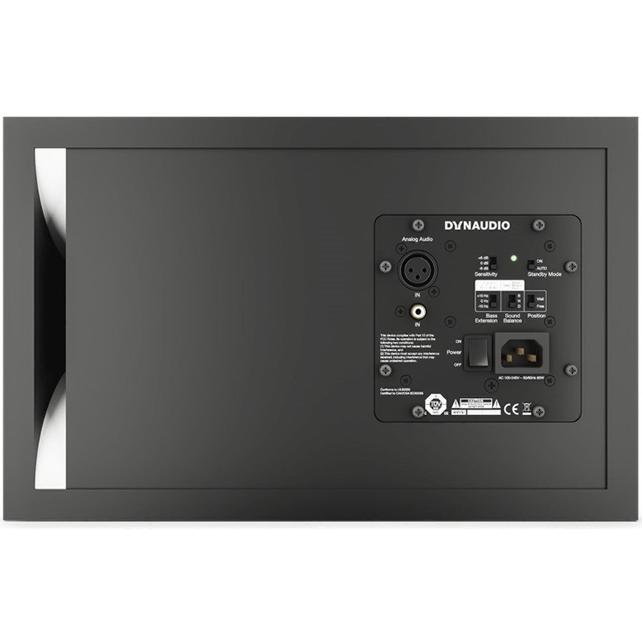 Dynaudio LYD 48 3-Way Active Studio Monitors, back view. Displays comprehensive DSP controls for Bass Extension and Sound Balance, along with balanced XLR inputs and a rear-ported bass reflex design for flexible studio integration and precise bass response.
