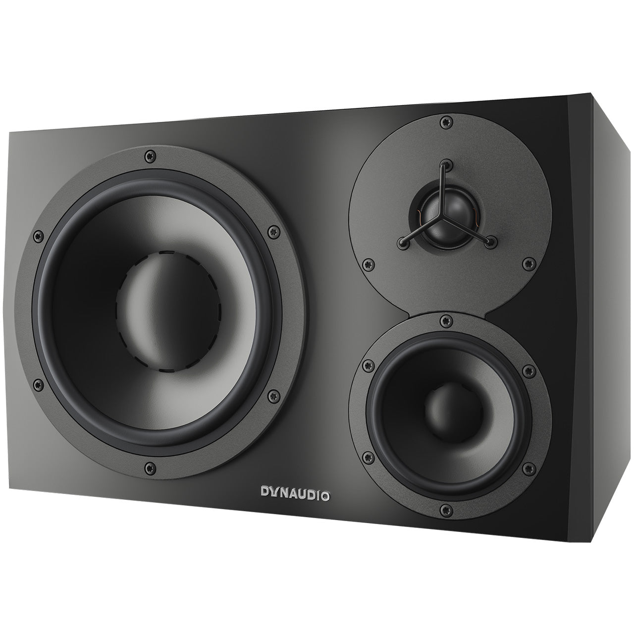 Dynaudio LYD 48 3-Way Active Studio Monitors, front view. A horizontal, three-way design featuring an 8-inch woofer, 4-inch midrange driver, and a 1-inch soft-dome tweeter, ideal for nearfield and midfield studio applications.