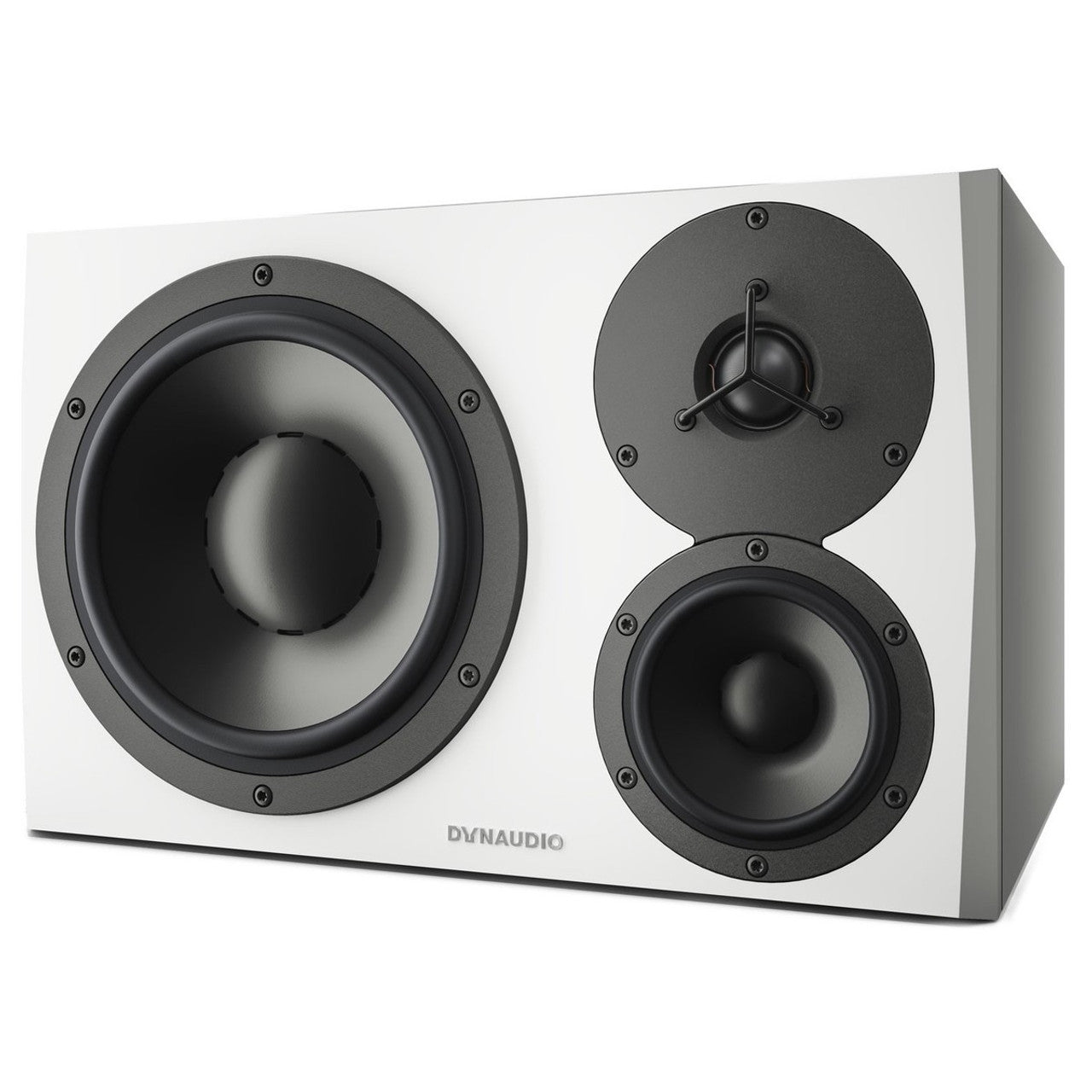 Dynaudio LYD 48 3-Way Active Studio Monitors, white, front view. A horizontal, three-way design featuring an 8-inch woofer, 4-inch midrange driver, and a 1-inch soft-dome tweeter, ideal for nearfield and midfield studio applications.