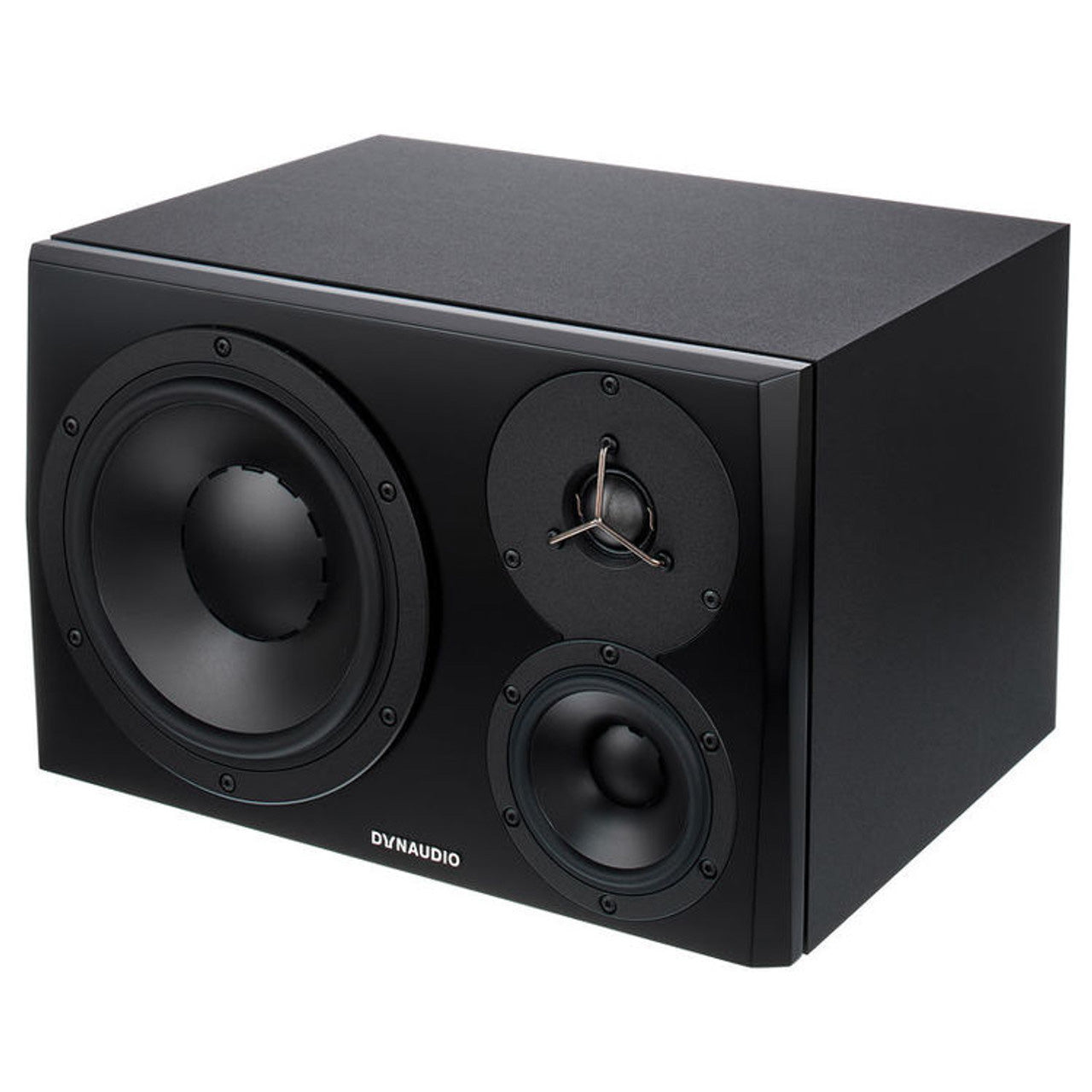 Dynaudio LYD 48 3-Way Active Studio Monitors, angled front view. A horizontal, three-way design featuring an 8-inch woofer, 4-inch midrange driver, and a 1-inch soft-dome tweeter, ideal for nearfield and midfield studio applications.