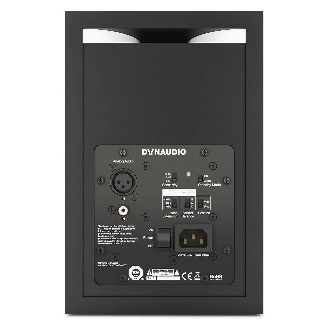 Dynaudio LYD 5 Active Studio Monitors, back view. Displays comprehensive controls for Bass Extension and Sound Balance, balanced XLR and RCA inputs, and a rear-ported bass reflex design for flexible studio integration and tailored bass response.