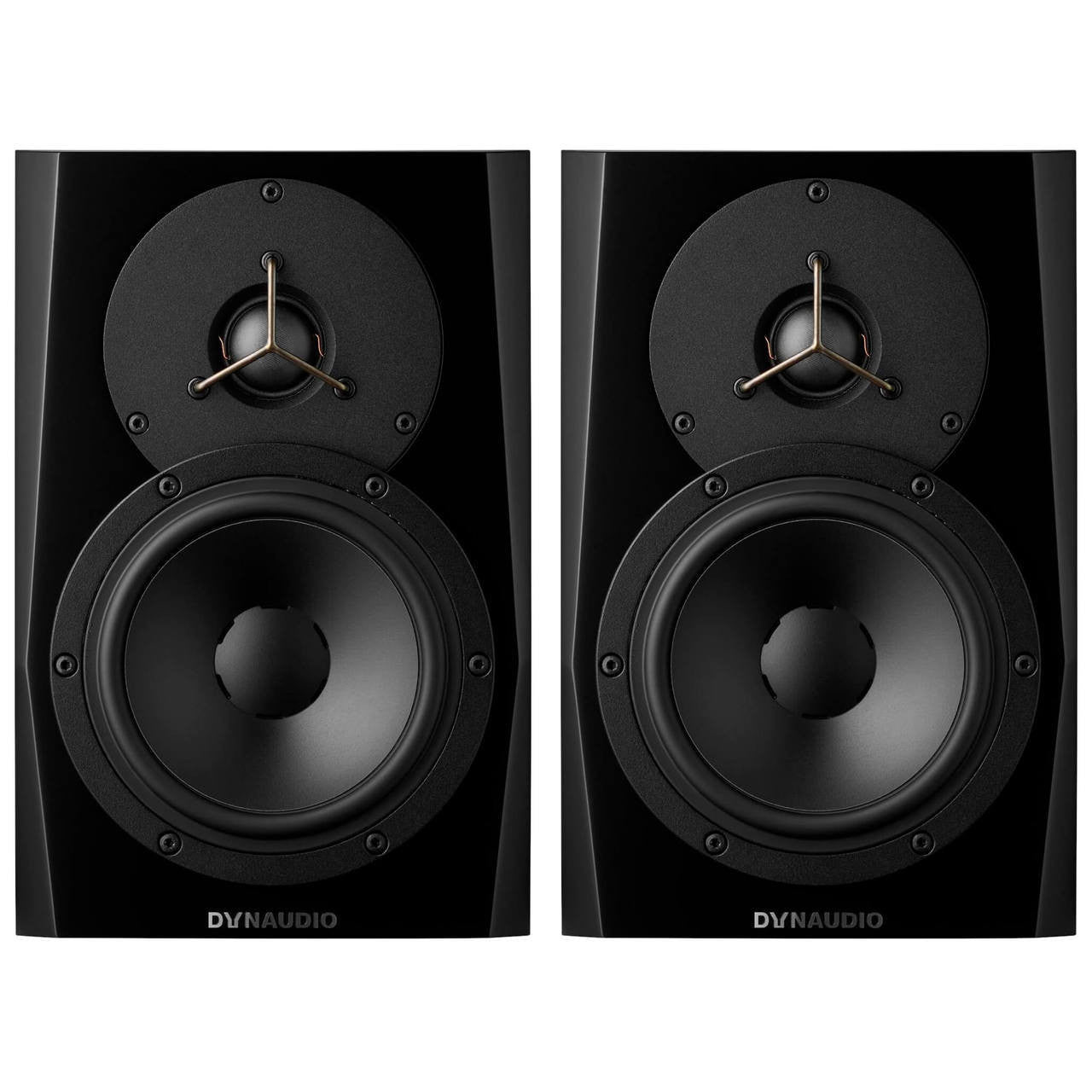 Dynaudio LYD 5 Active Studio Monitors, pair, front view. Highlights the 5-inch woofer and 1-inch soft-dome tweeter in a sleek, compact cabinet, optimized for professional nearfield monitoring.