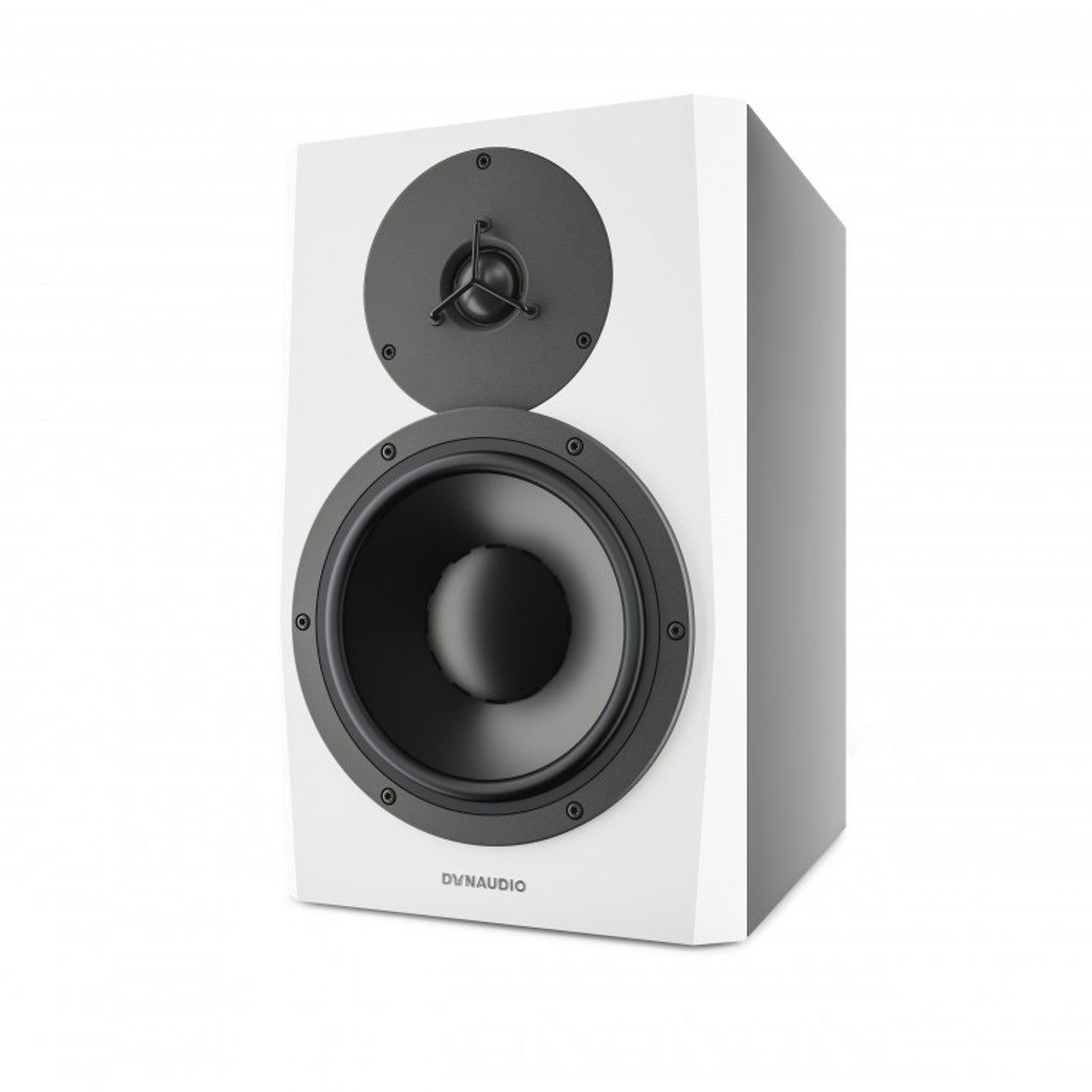 Dynaudio LYD 5 Active Studio Monitors, white, angled front view. Highlights the 5-inch woofer and 1-inch soft-dome tweeter in a sleek, compact cabinet, optimized for professional nearfield monitoring.