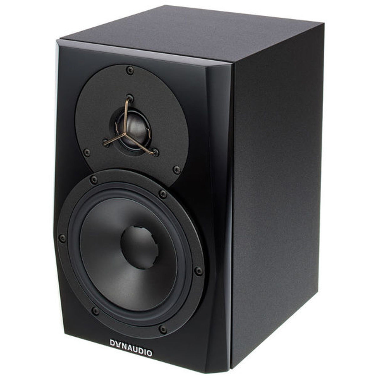 Dynaudio LYD 5 Active Studio Monitors, angled front view. Highlights the 5-inch woofer and 1-inch soft-dome tweeter in a sleek, compact cabinet, optimized for professional nearfield monitoring.