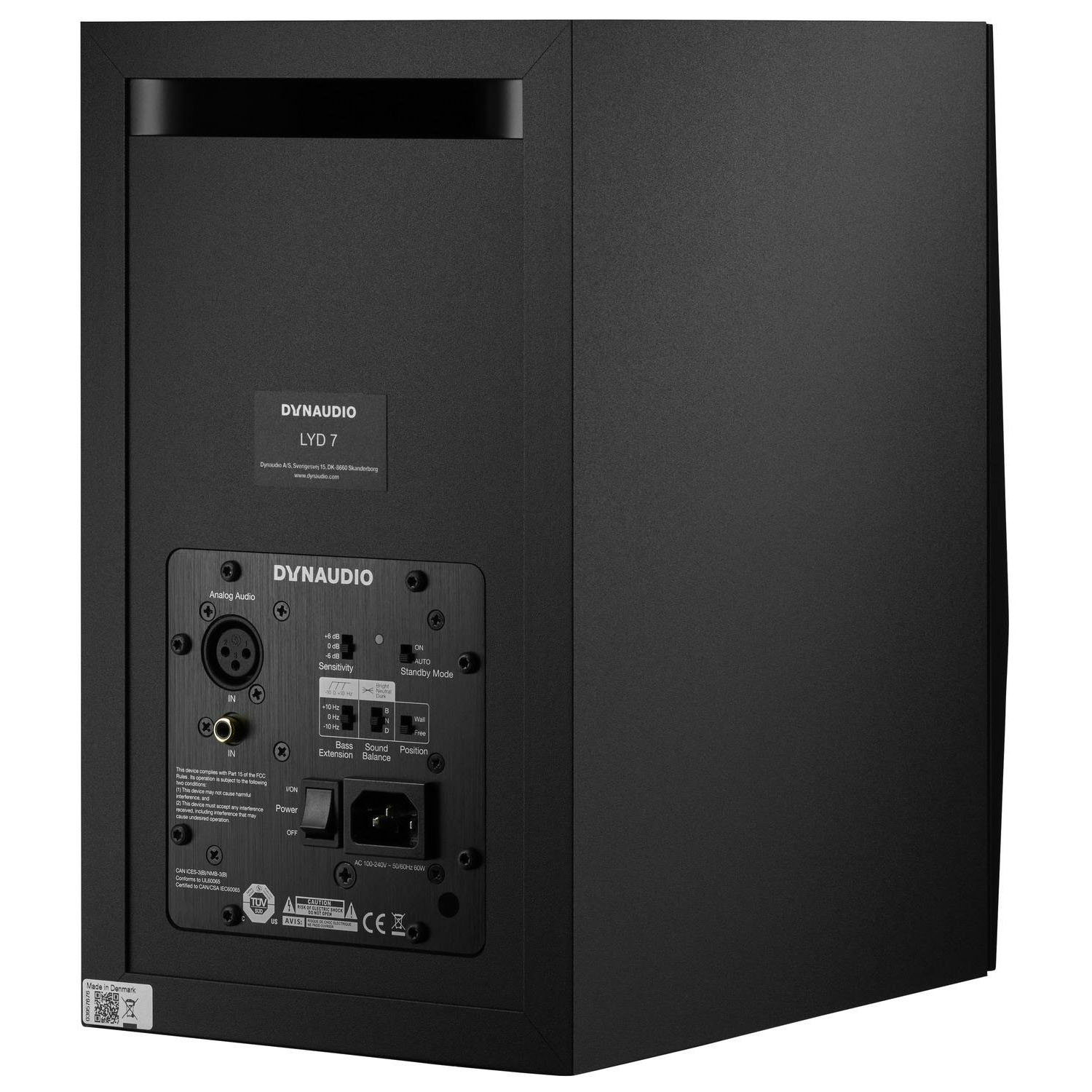 Dynaudio LYD 7 Active Studio Monitors, back view. Displays the comprehensive DSP control panel for Bass Extension and Sound Balance, along with balanced XLR and unbalanced RCA inputs, and a rear-ported bass reflex design for flexible studio integration and precise bass response.