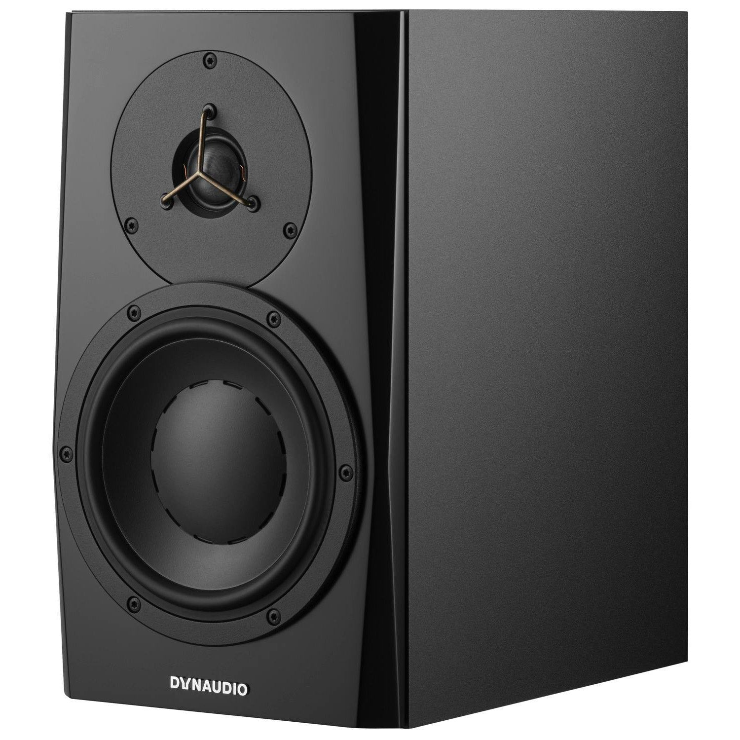 Dynaudio LYD 7 Active Studio Monitors, angled front view. Highlights the 7-inch woofer and 1-inch soft-dome tweeter in a sleek, compact cabinet, optimized for professional nearfield monitoring.