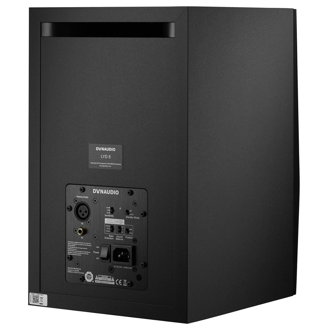 Dynaudio LYD 8 Active Studio Monitors, back view. Highlights the comprehensive controls for Bass Extension, Position, and Sound Balance, along with balanced XLR and unbalanced RCA inputs for flexible connectivity in a professional or home studio setup.