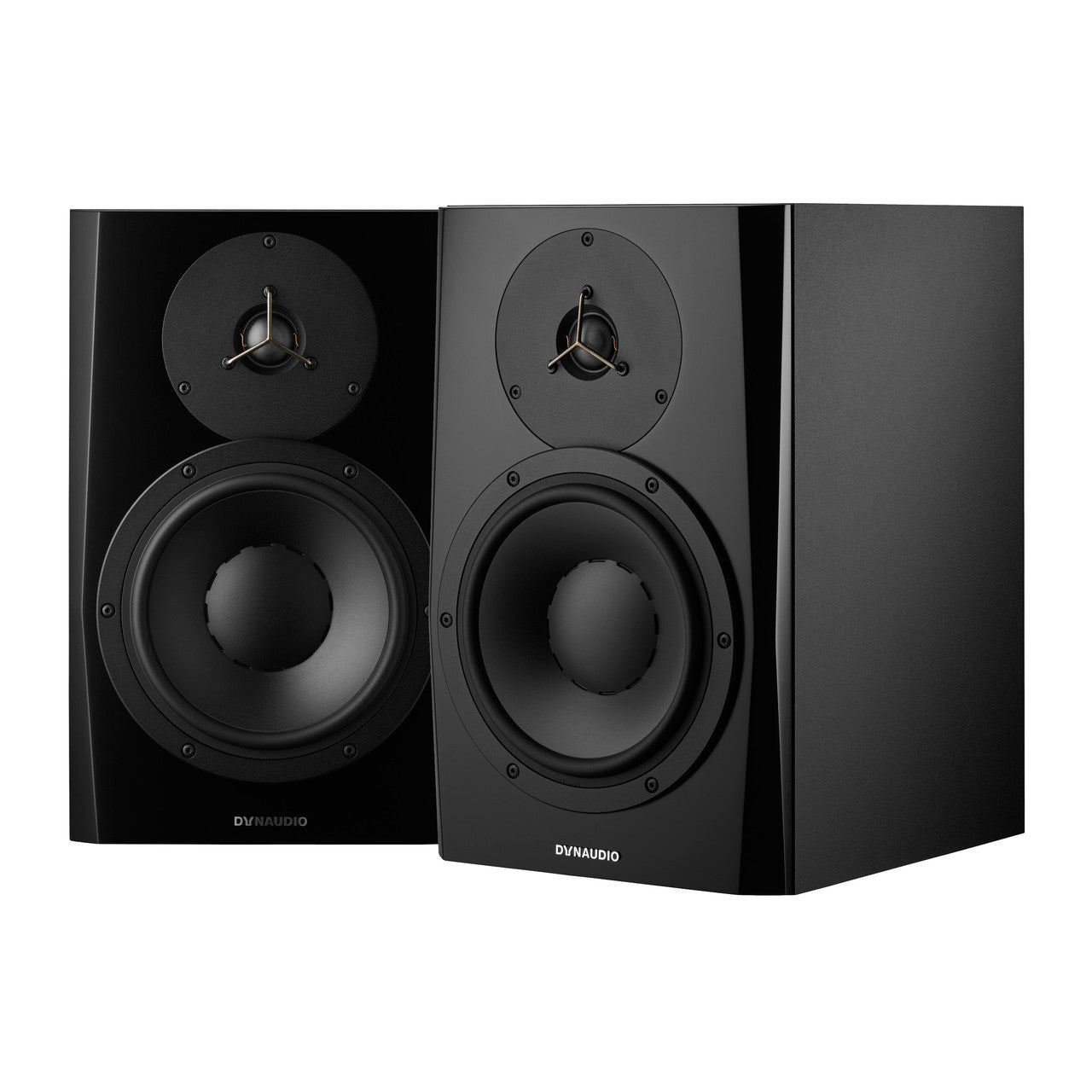 Dynaudio LYD 8 Active Studio Monitors, pair. Highlights the 8-inch woofer and 1-inch soft-dome tweeter in a compact cabinet with a front-ported design, optimized for accurate nearfield studio monitoring.
