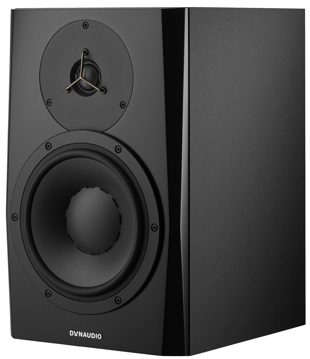 Dynaudio LYD 8 Active Studio Monitors, angled front view. Highlights the 8-inch woofer and 1-inch soft-dome tweeter in a compact cabinet with a front-ported design, optimized for accurate nearfield studio monitoring.