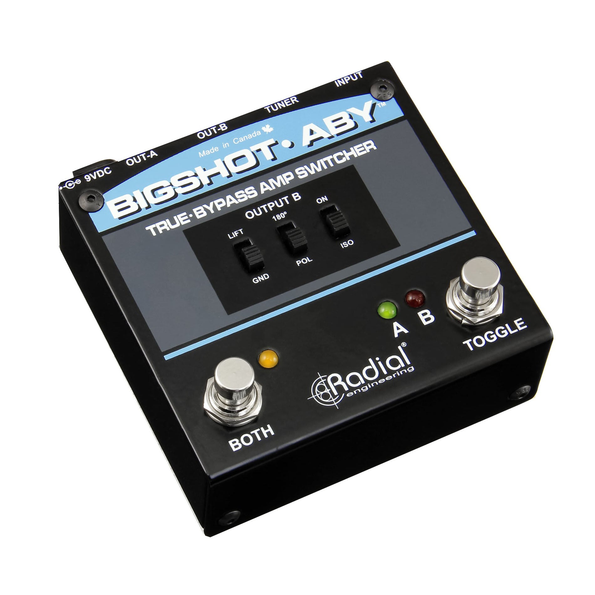 Radial BigShot ABY True Bypass Switch Pedal, angled top view. showing toggle switches, LED indicators, ground lift, polarity and iso switches.