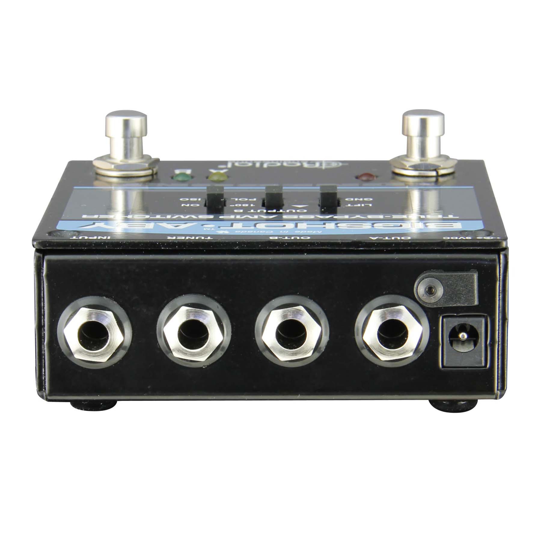 Radial BigShot ABY True Bypass Switch Pedal, back view showing input, tuner, and two output jacks.