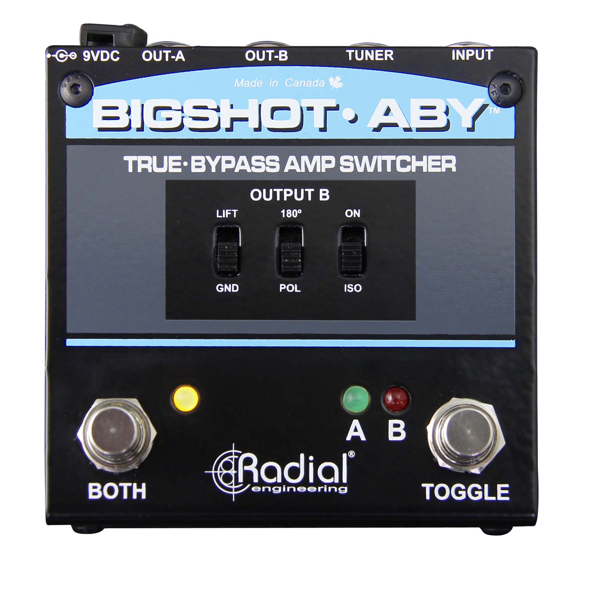 Radial BigShot ABY True Bypass Switch Pedal, top view. showing toggle switches, LED indicators, ground lift, polarity and iso switches.