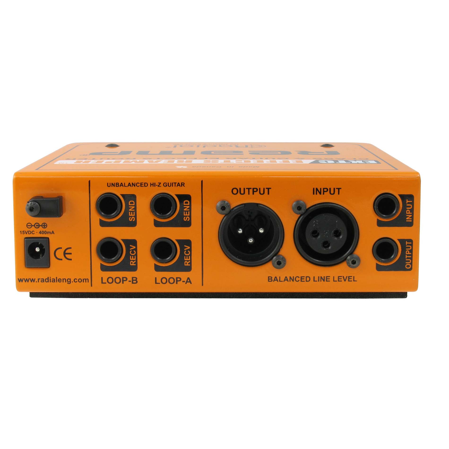 Radial EXTC-SA Effects Loop Interface / Reamper, back view showing XLR and jack inputs and outputs, unbalanced Hi-Z sends and returns for effects loops.