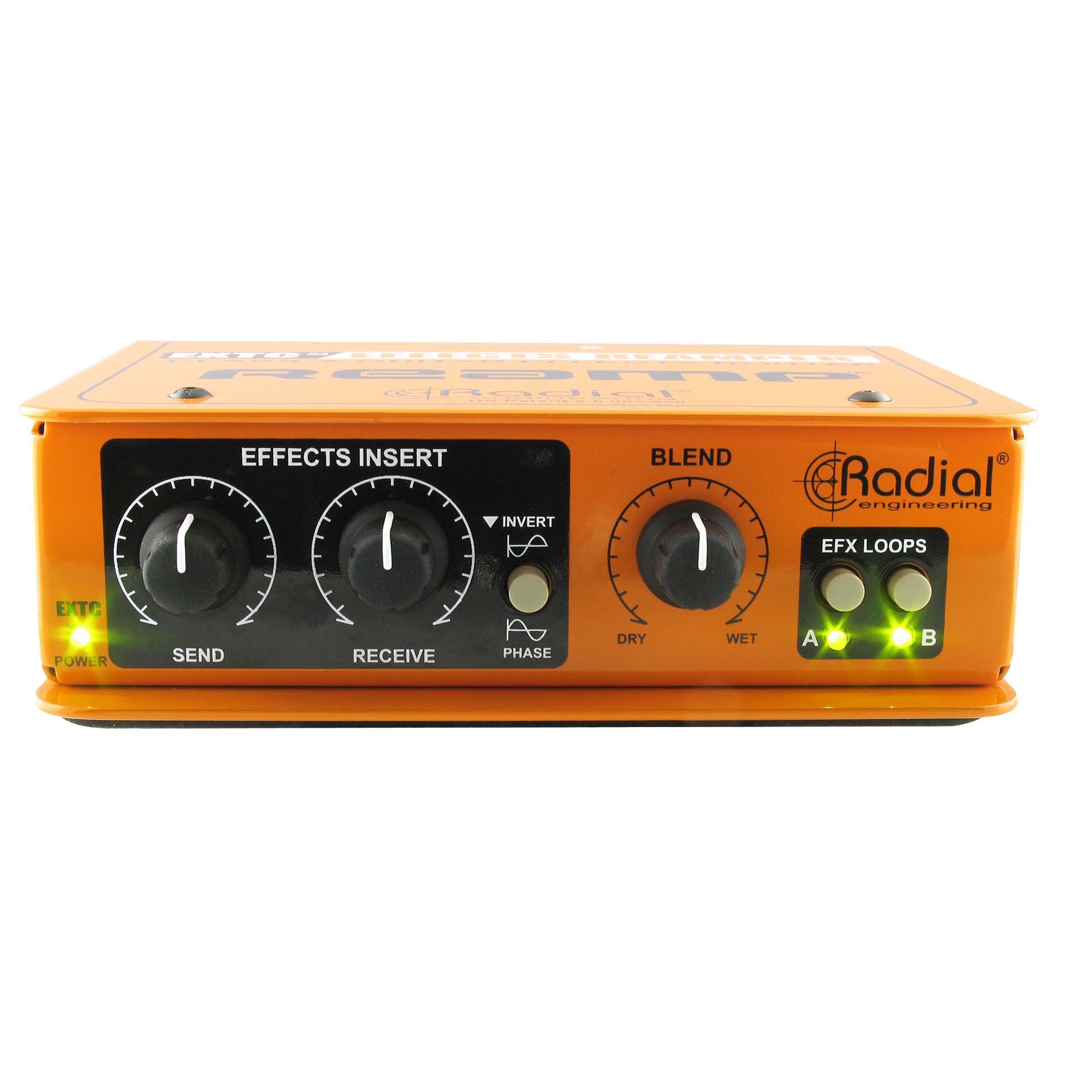 Radial EXTC-SA Effects Loop Interface / Reamper, front view showing send and receive knobs, phase flip switch, EFX loop controls and a wet/dry knob.