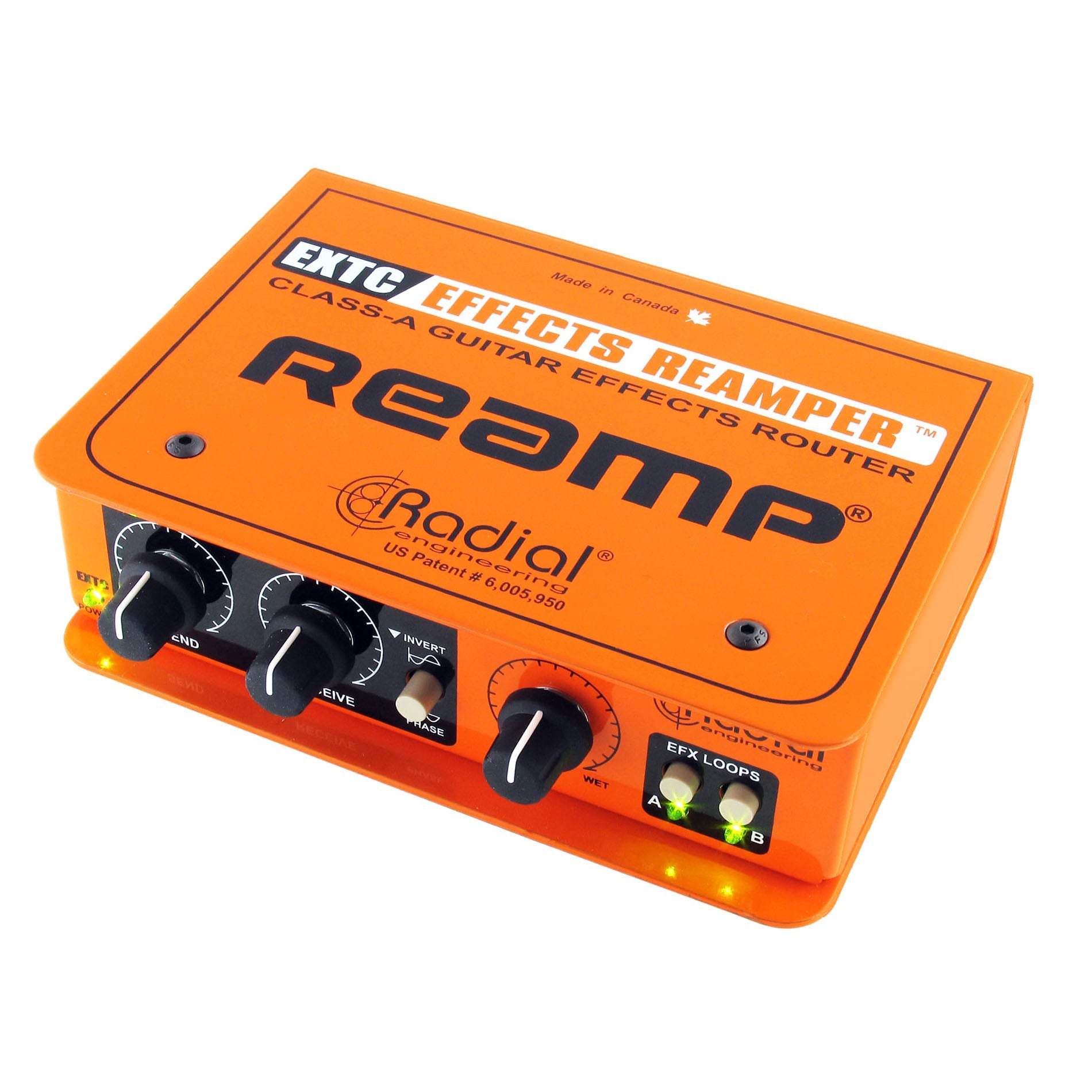 Radial EXTC-SA Effects Loop Interface / Reamper, front view showing send and receive knobs, phase flip switch, EFX loop controls and a wet/dry knob.