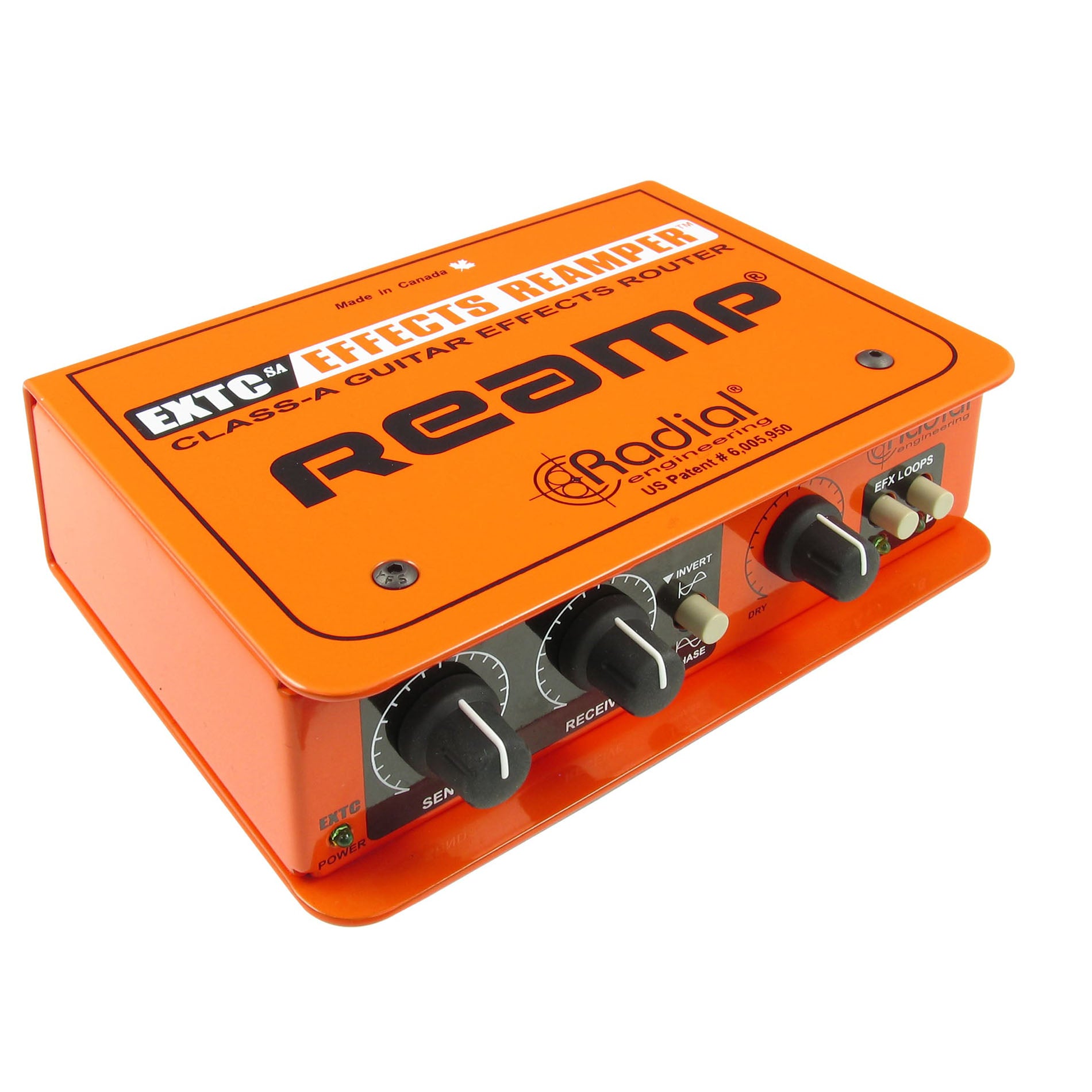 Radial EXTC-SA Effects Loop Interface / Reamper, front view showing send and receive knobs, phase flip switch, EFX loop controls and a wet/dry knob.
