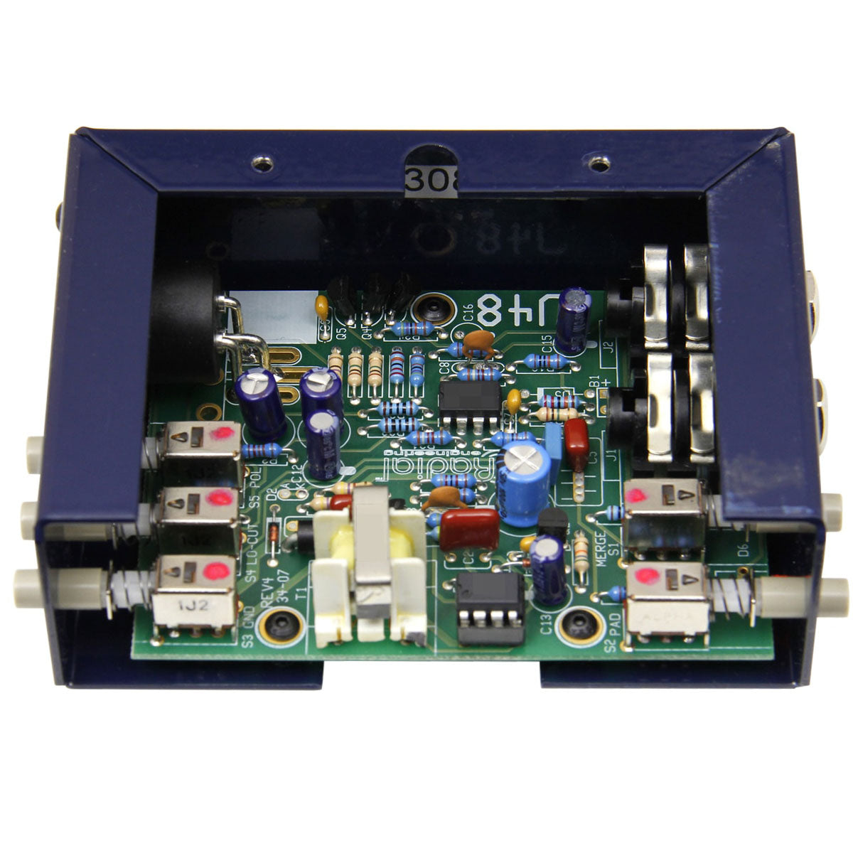 Radial Engineering J48 Active DI Box, internal view showing the circuit board and components.