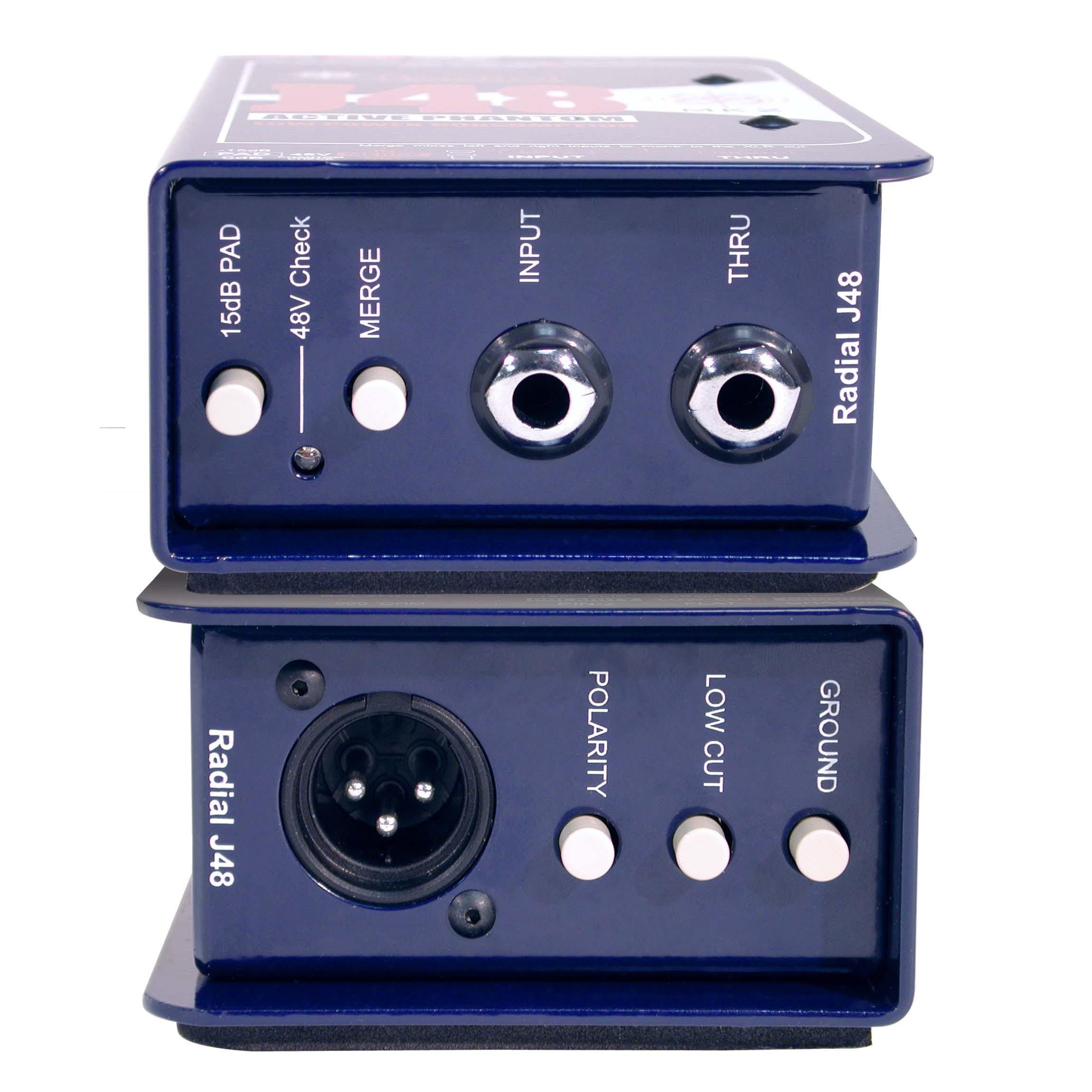 Radial Engineering J48 Active DI Box, stacked view. Shows robust steel chassis with input, thru, and output connections, featuring -15dB pad, polarity reverse, and ground lift for pristine active direct injection.