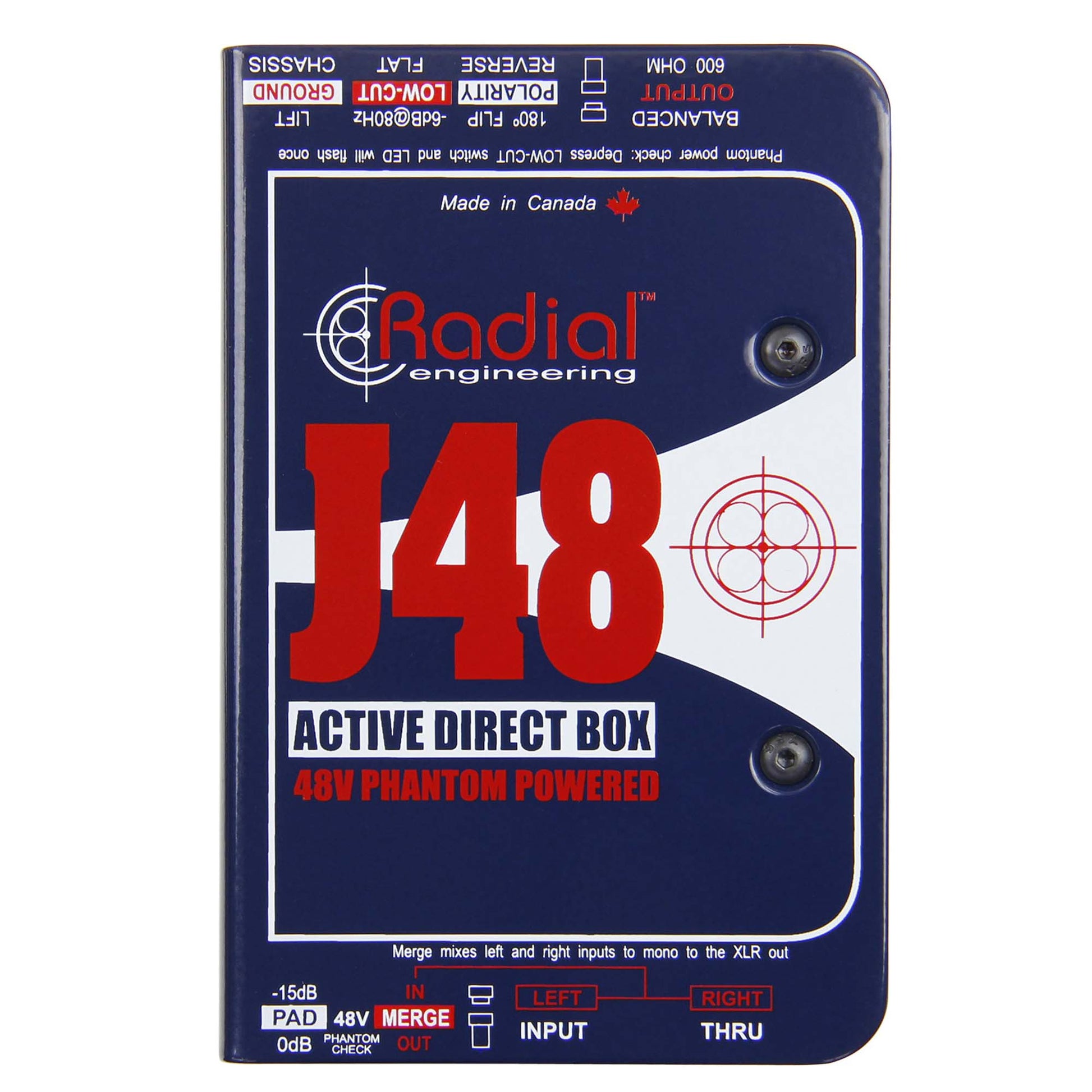 Radial Engineering J48 Active DI Box, top view. Shows robust steel chassis with indicators for input, thru, and output connections, featuring -15dB pad, polarity reverse, and ground lift for pristine active direct injection.