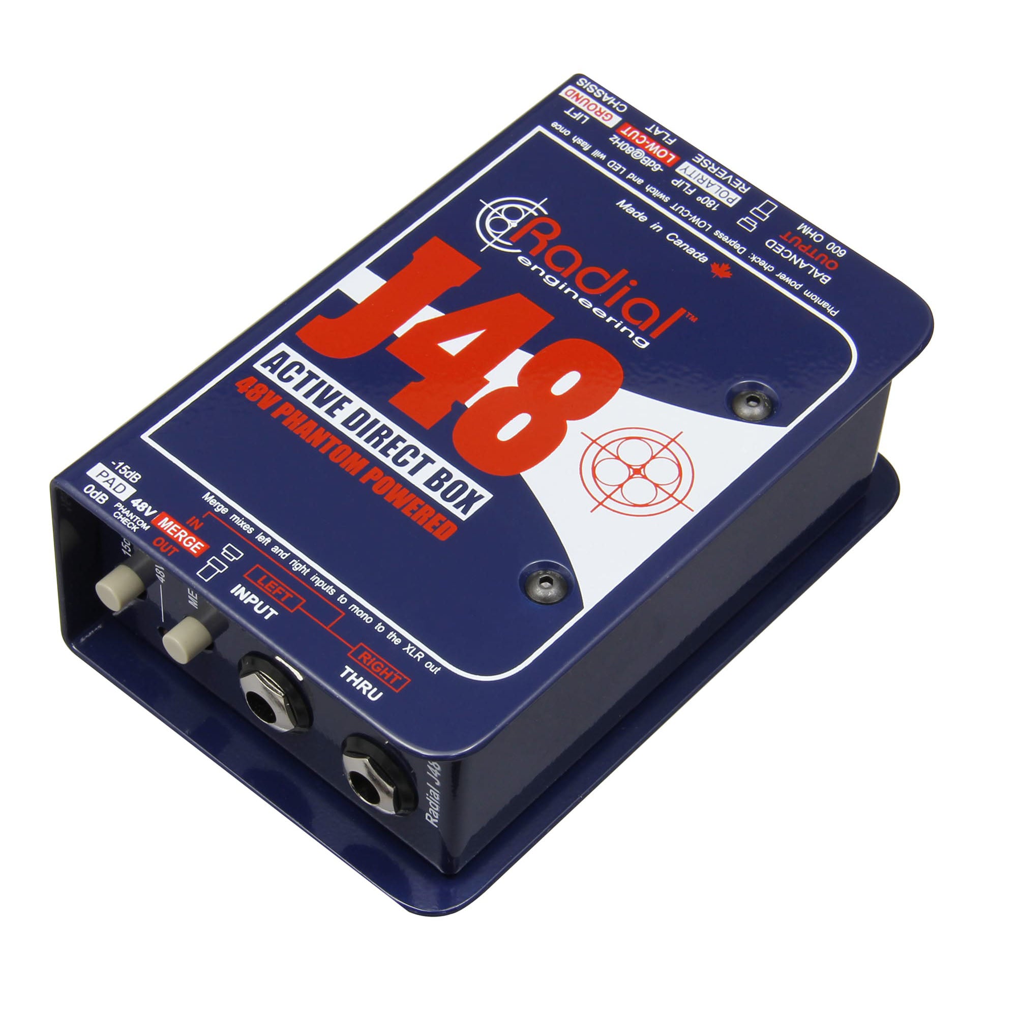 Radial Engineering J48 Active DI Box, angled top view. Shows robust steel chassis with indicators for input, thru, and output connections, featuring -15dB pad, polarity reverse, and ground lift for pristine active direct injection.